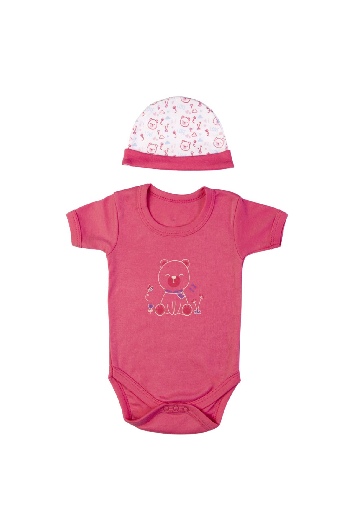 Babies Basic-5 piece New Born Set include Bib, Romper, Mittens, Cap, Sleepsuit- Teddy, Red 5
