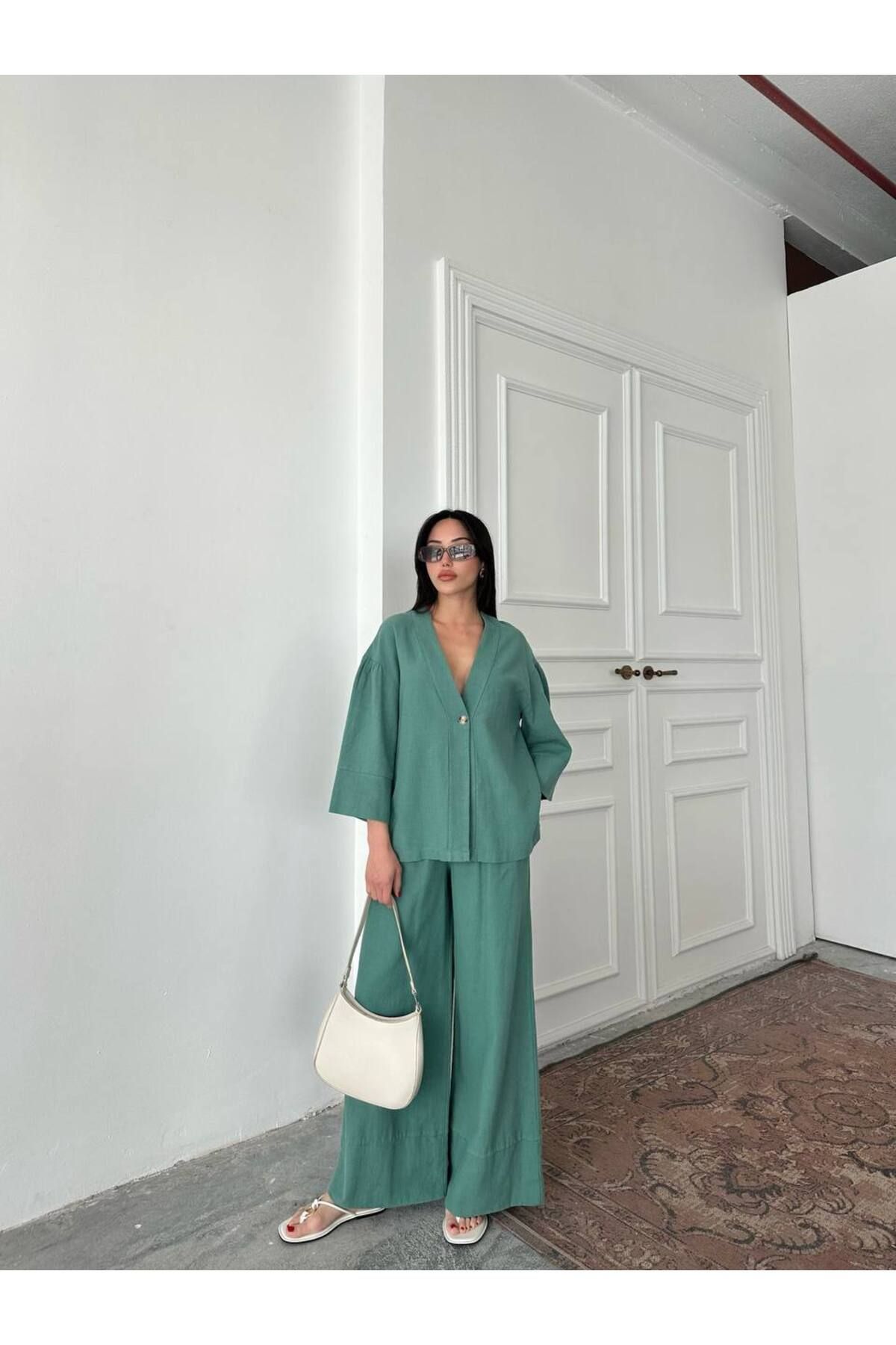 Hotfashion Tek Düğmeli Oversize Kimono Pantolon Takım