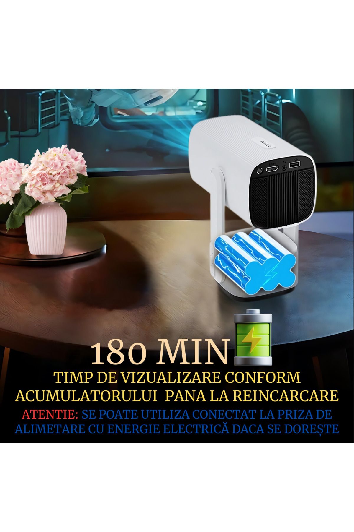 ATOMKIT-Video projector with battery included, Over 2 hours of operation, EU plug connection, 160 ANSI, White 4