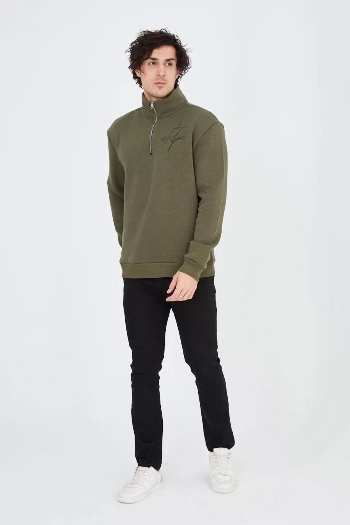 MODA CS Erkek Yarım Fermuarlı Baskılı Sweat - Yeşil