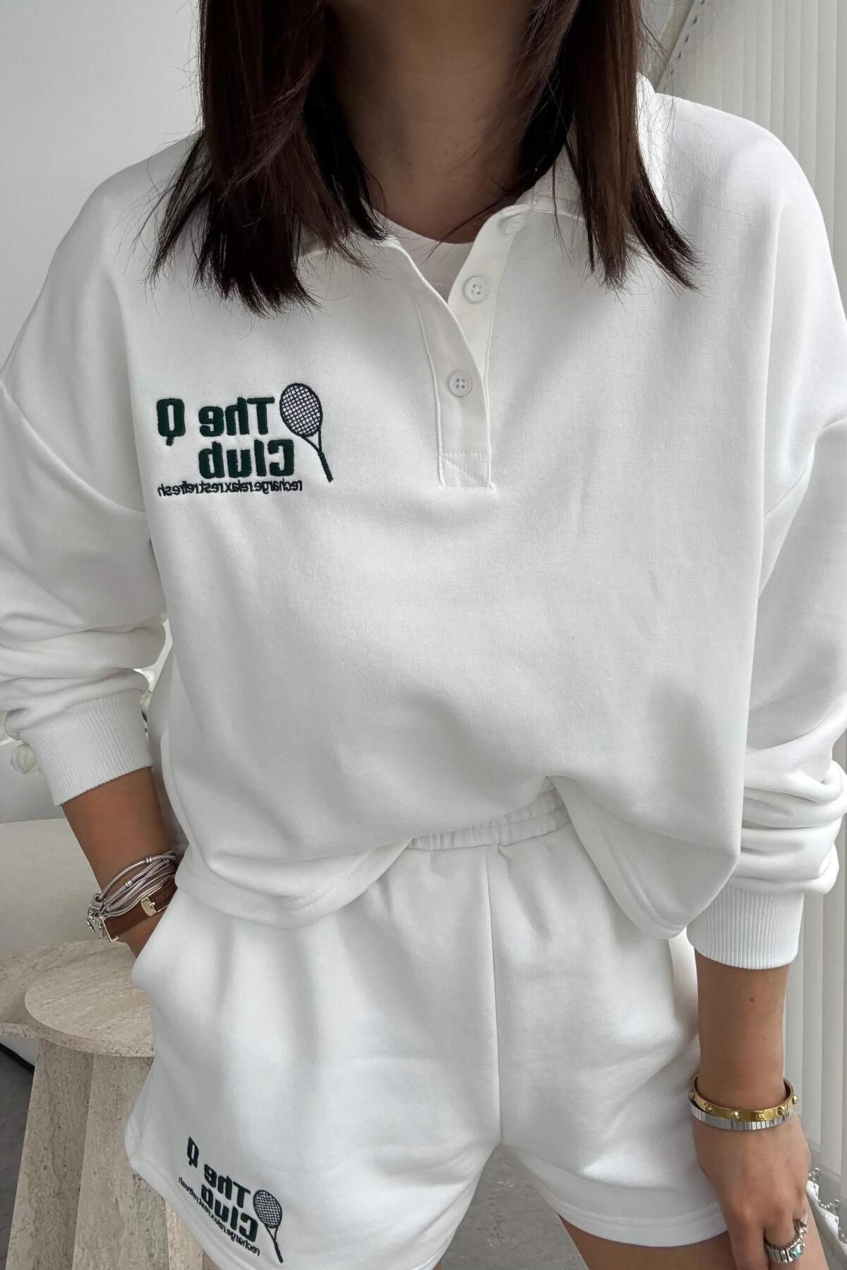 ELVAN TOLON Ekru Polo Yaka Tenis Sweatshirt