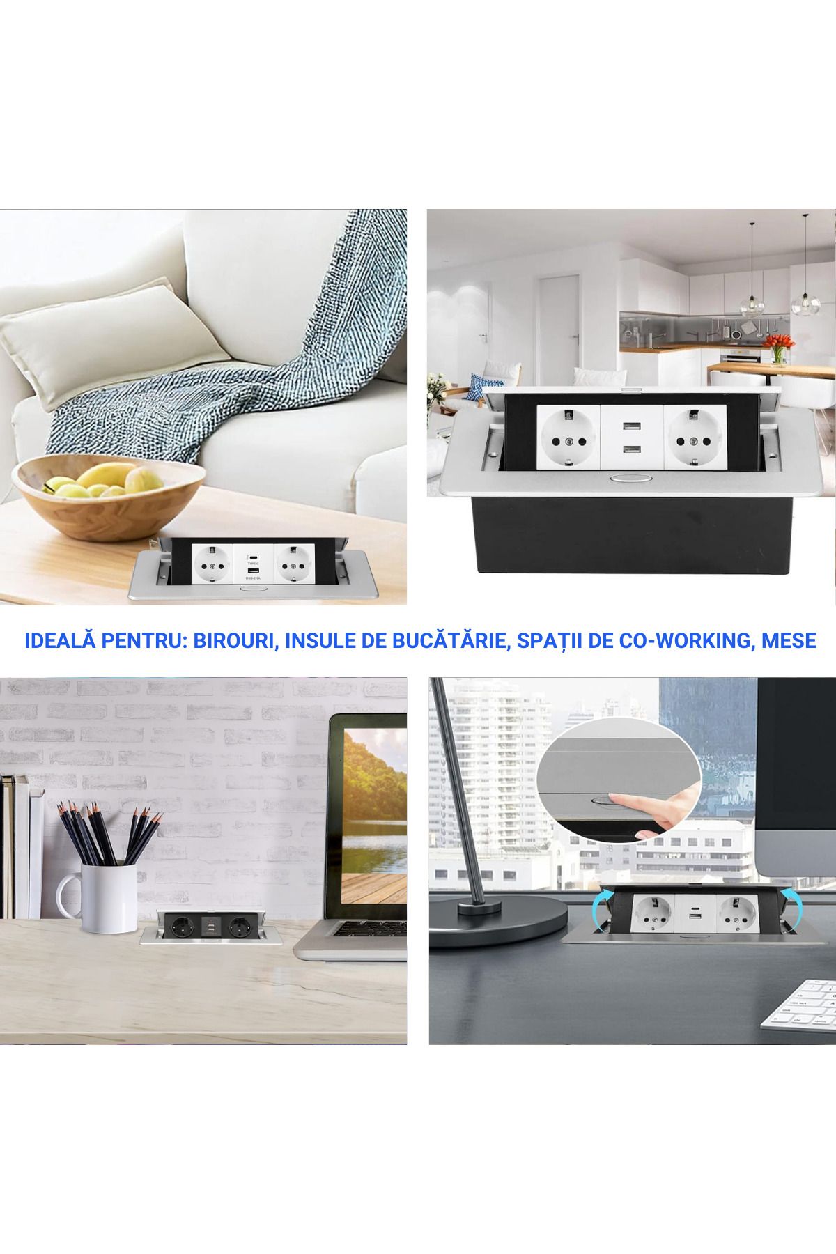 ATOMKIT-Ain Countertop Built-in Socket, 2 EU Inputs, USB-A and USB-C, 2.1a, Lift Button, Silver 8
