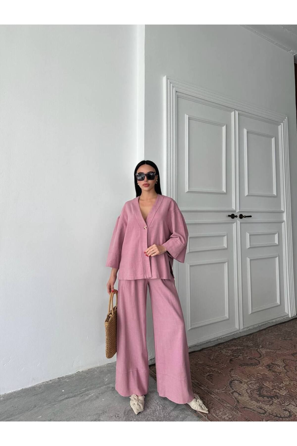 Hotfashion Tek Düğmeli Oversize Kimono Pantolon Takım
