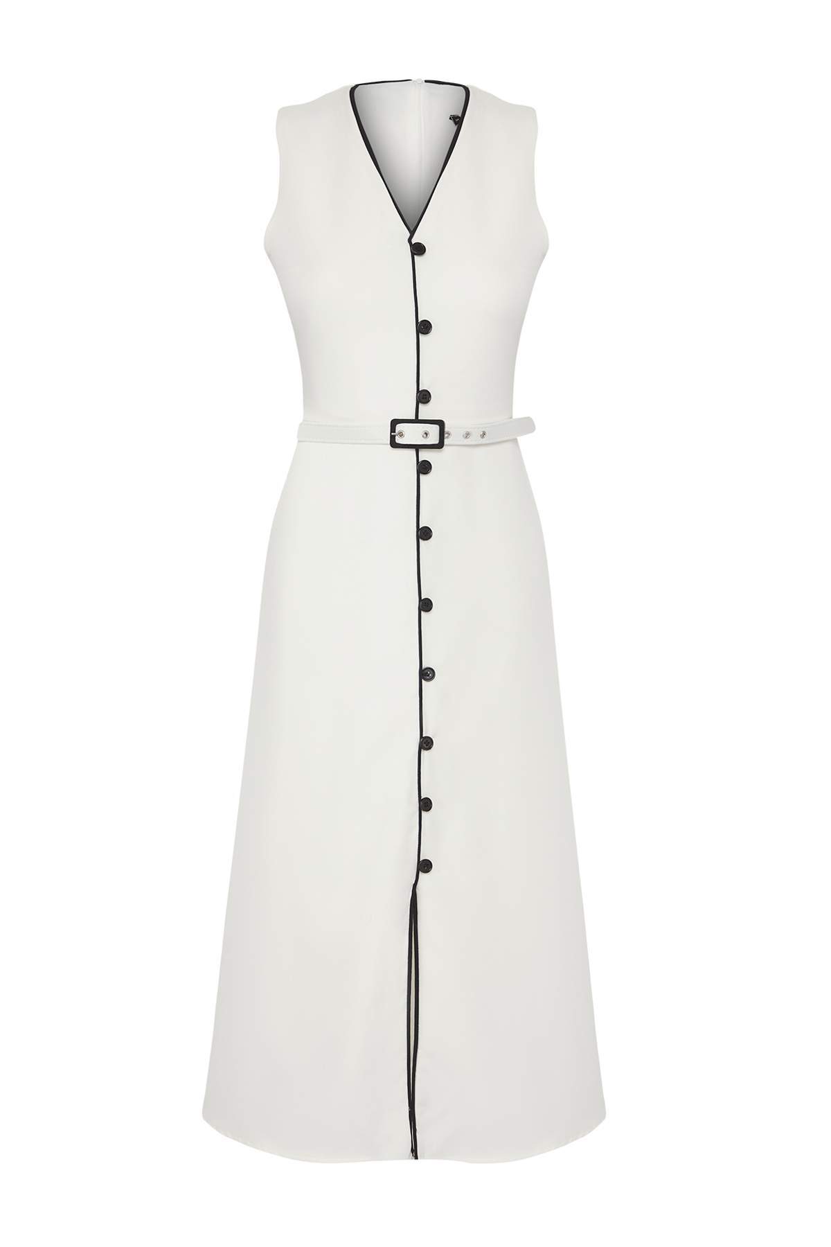 Trendyolmilla  Beyaz Kemerli A Kesim Biye ve Düğme Detaylı Astarlı Midi Dokuma Elbise TWOSS25EL00810 - Görsel 5