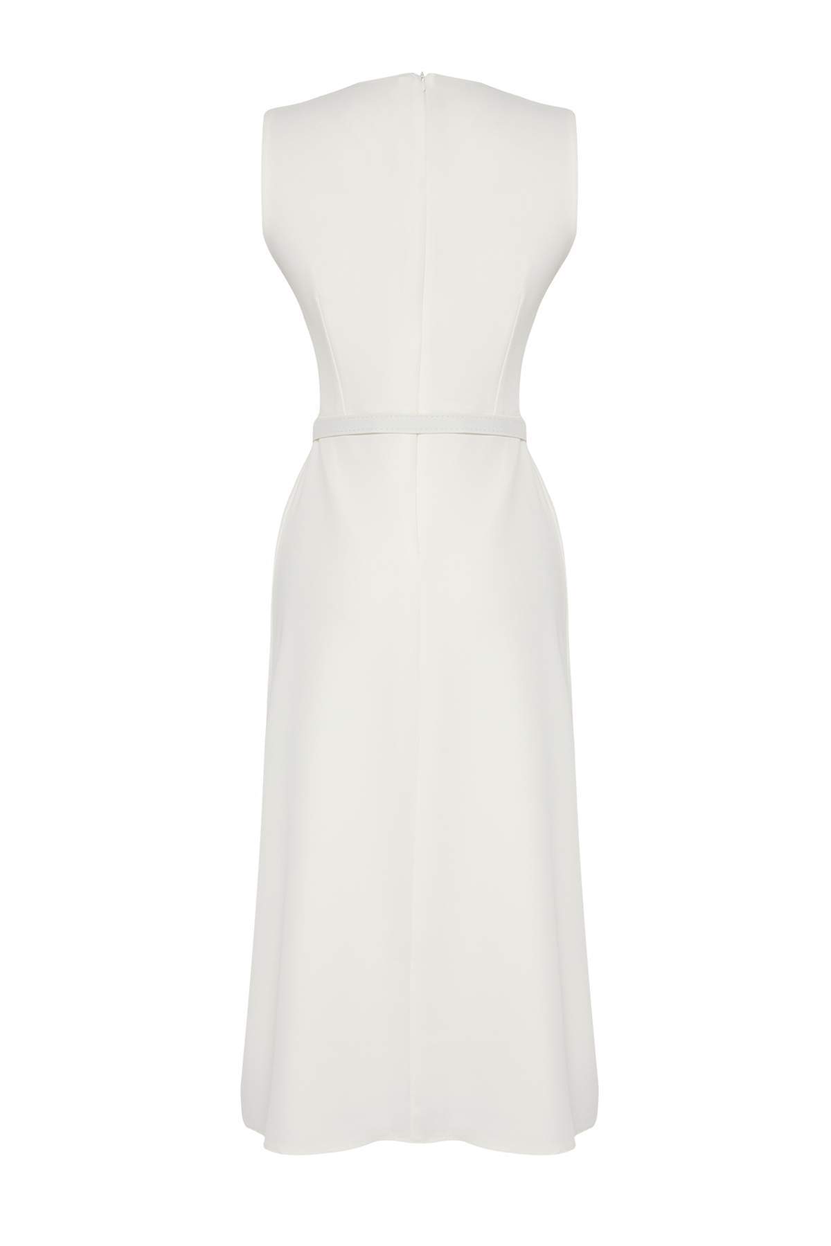 Trendyolmilla  Beyaz Kemerli A Kesim Biye ve Düğme Detaylı Astarlı Midi Dokuma Elbise TWOSS25EL00810 - Görsel 6