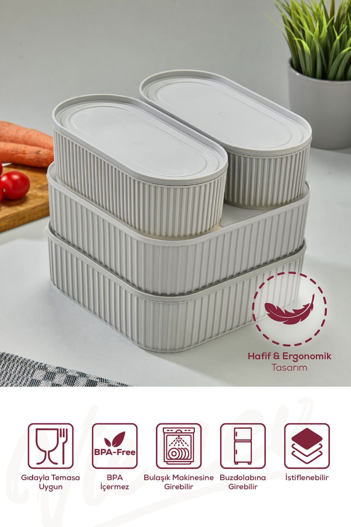 Vienev-Set of 4 Gray Stackable Storage Containers - with Elastic Band, 2X(1100 ml) 2X(2600 ml) 3