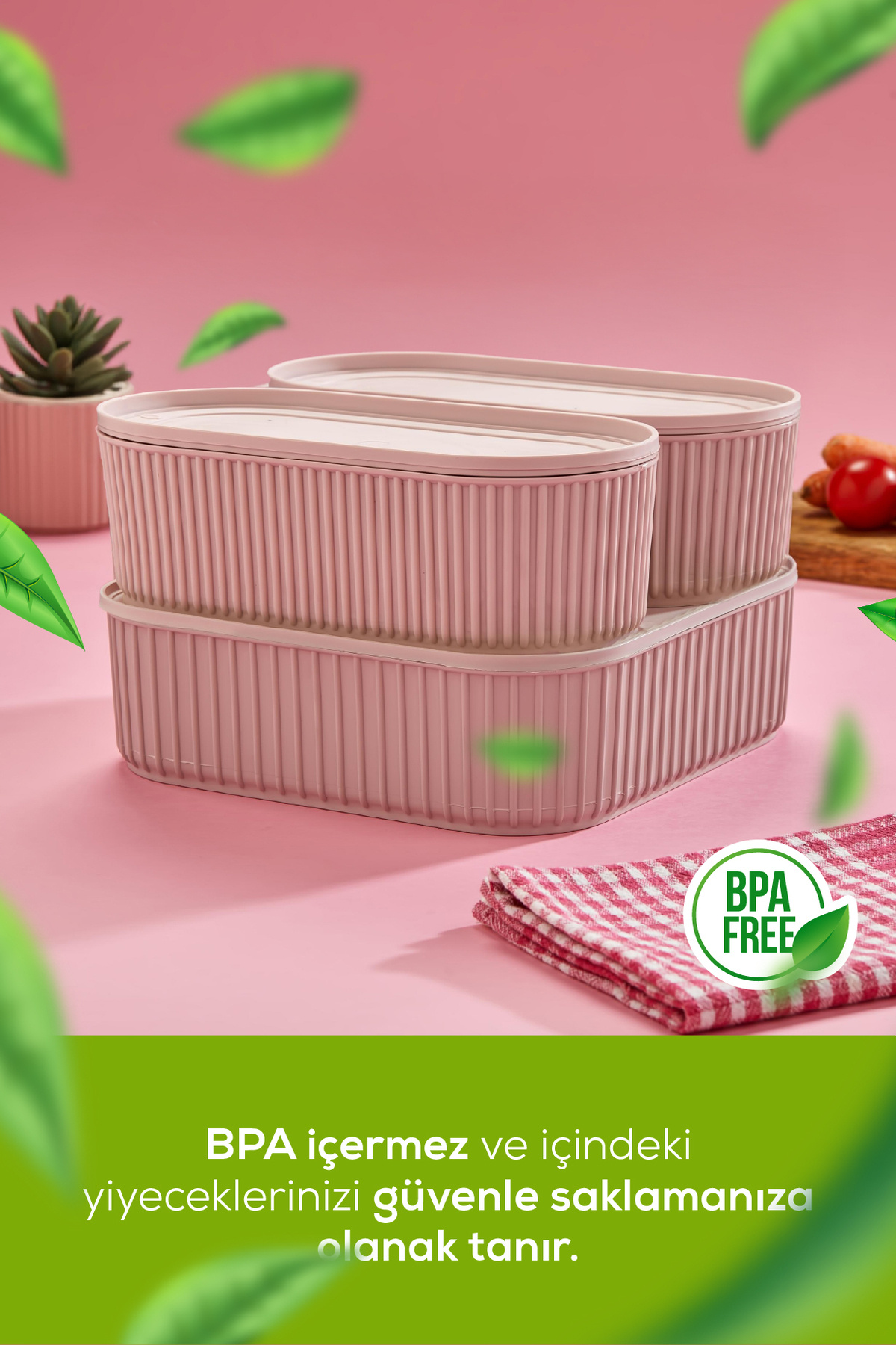 Vienev-Set of 3 Practical Stackable Storage Containers with Elastic Band, Pink, 2X(1100 ml) 1X(2600 ml) 2