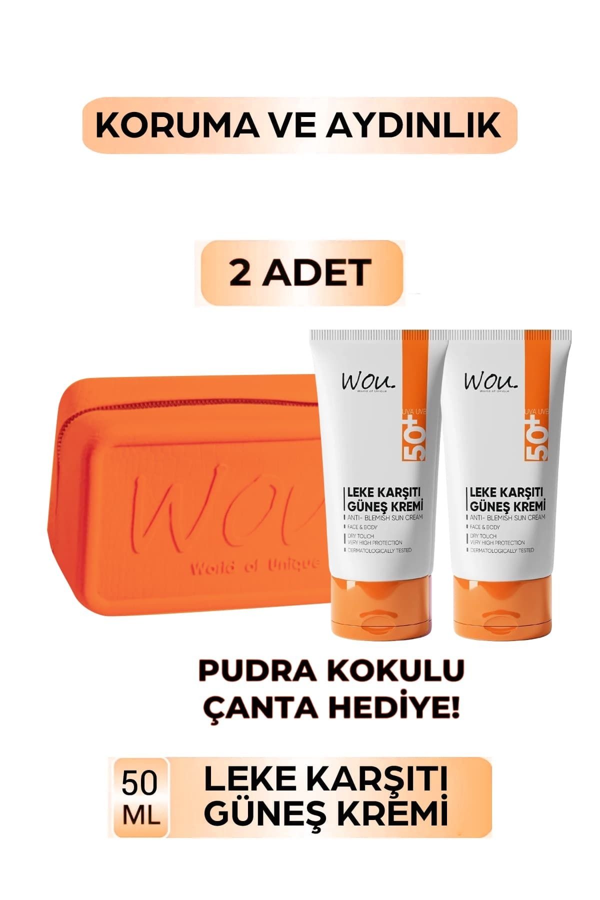 WOU World of Unique 2'li Leke Karşıtı Güneş Kremi 50 ml Spf50/pudra Kokulu Makyaj Çantası