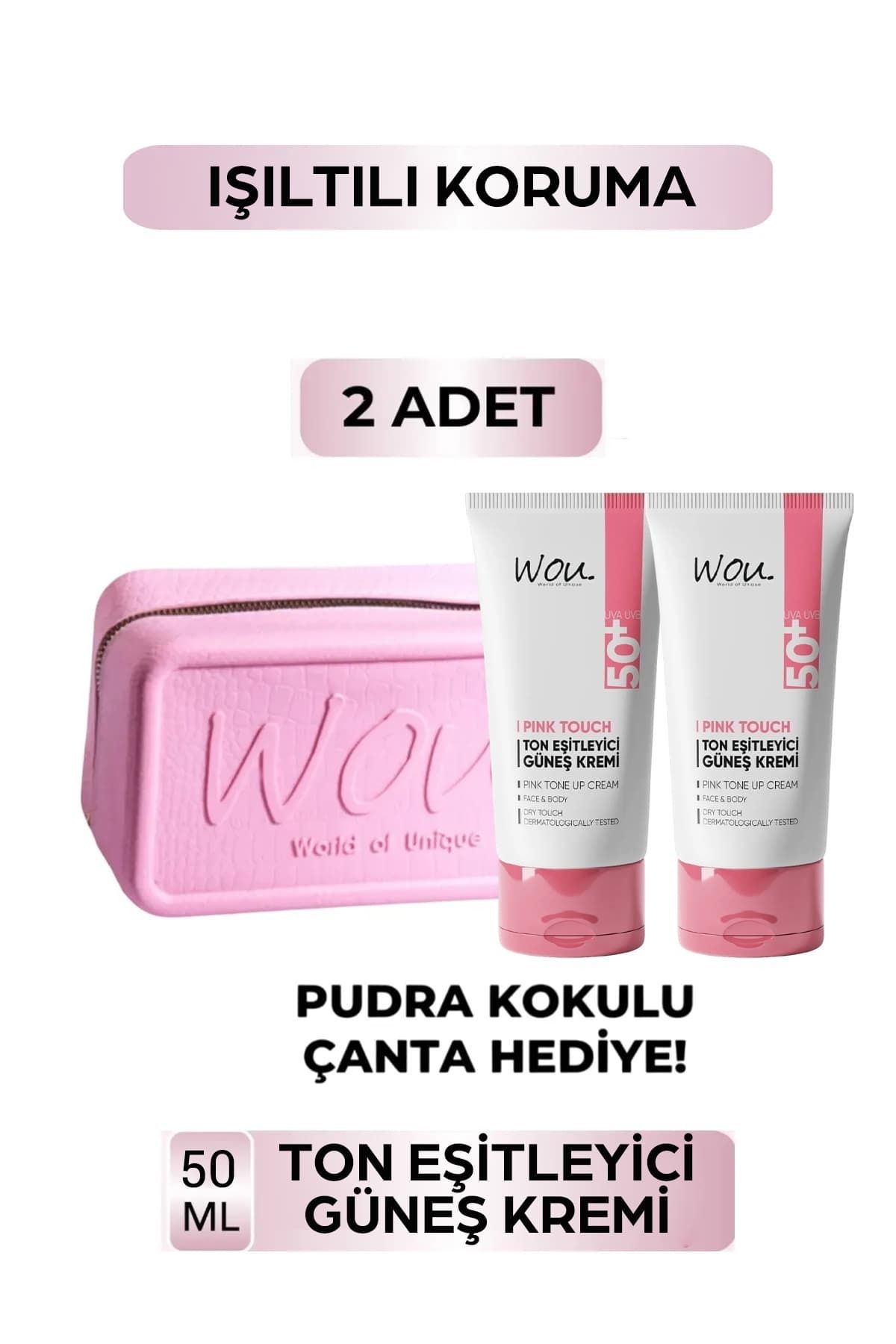 WOU World of Unique 2'li Ton Eşitleyici Ve Aydınlatıcı Güneş Kremi 50 ml Spf50/pudra Kokulu Makyaj Çantası