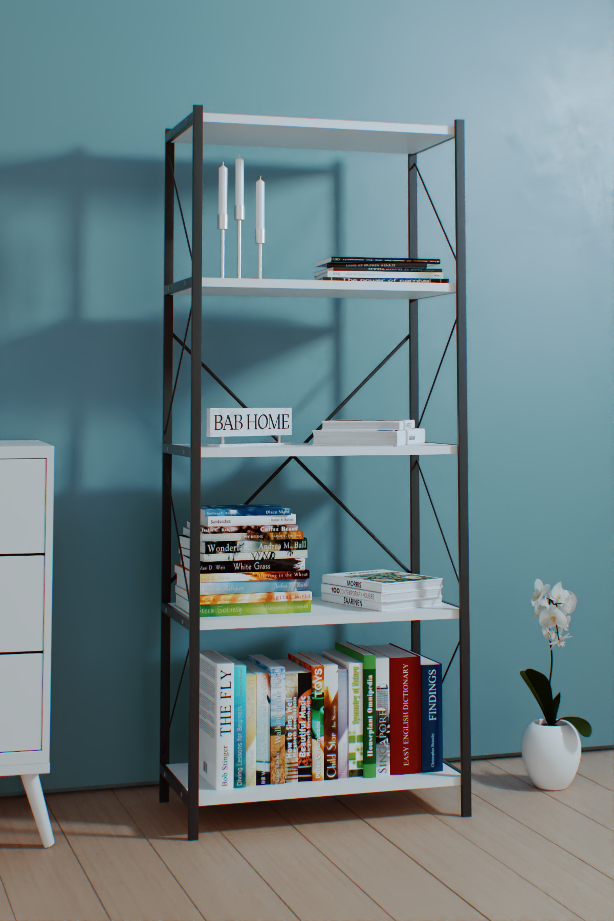 TUTUMHOME Beyaz Metal Kitaplık 5 Raflı Kitaplık Raf Kütüphane 150 Cm