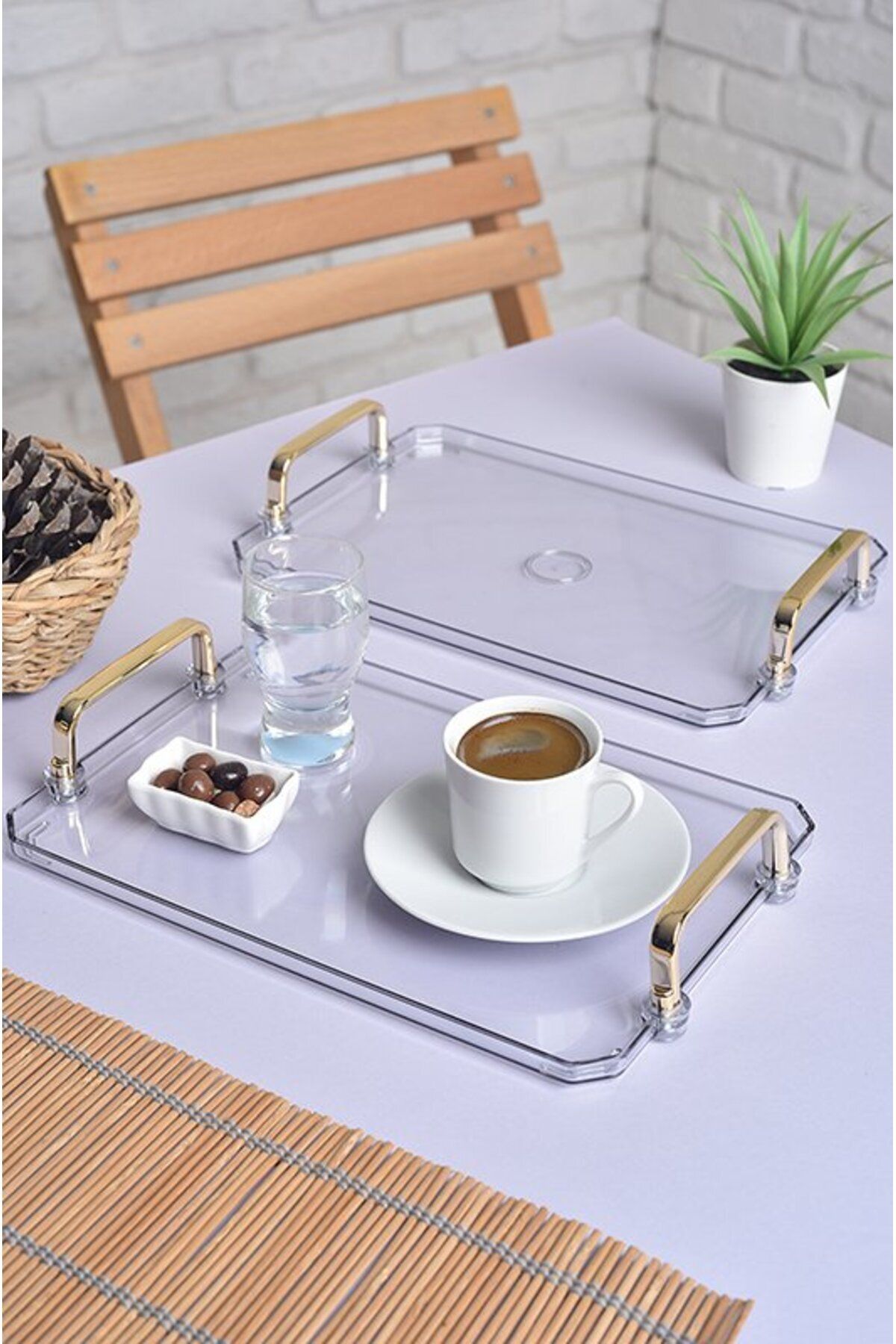 ŞURAMUTFAK Gold Kulplu Türk Kahvesi Sunum Tepsisi | 2'li Şık Set 25x17cm