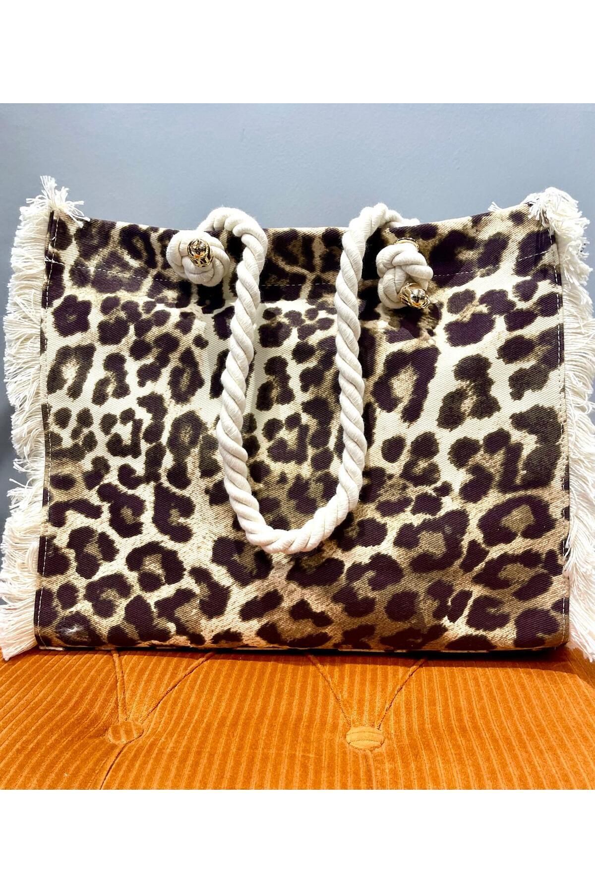 ARZU ÖZEL MODA ATÖLYESİ Halat Askılı Leopar Desenli Kumaş Çanta.