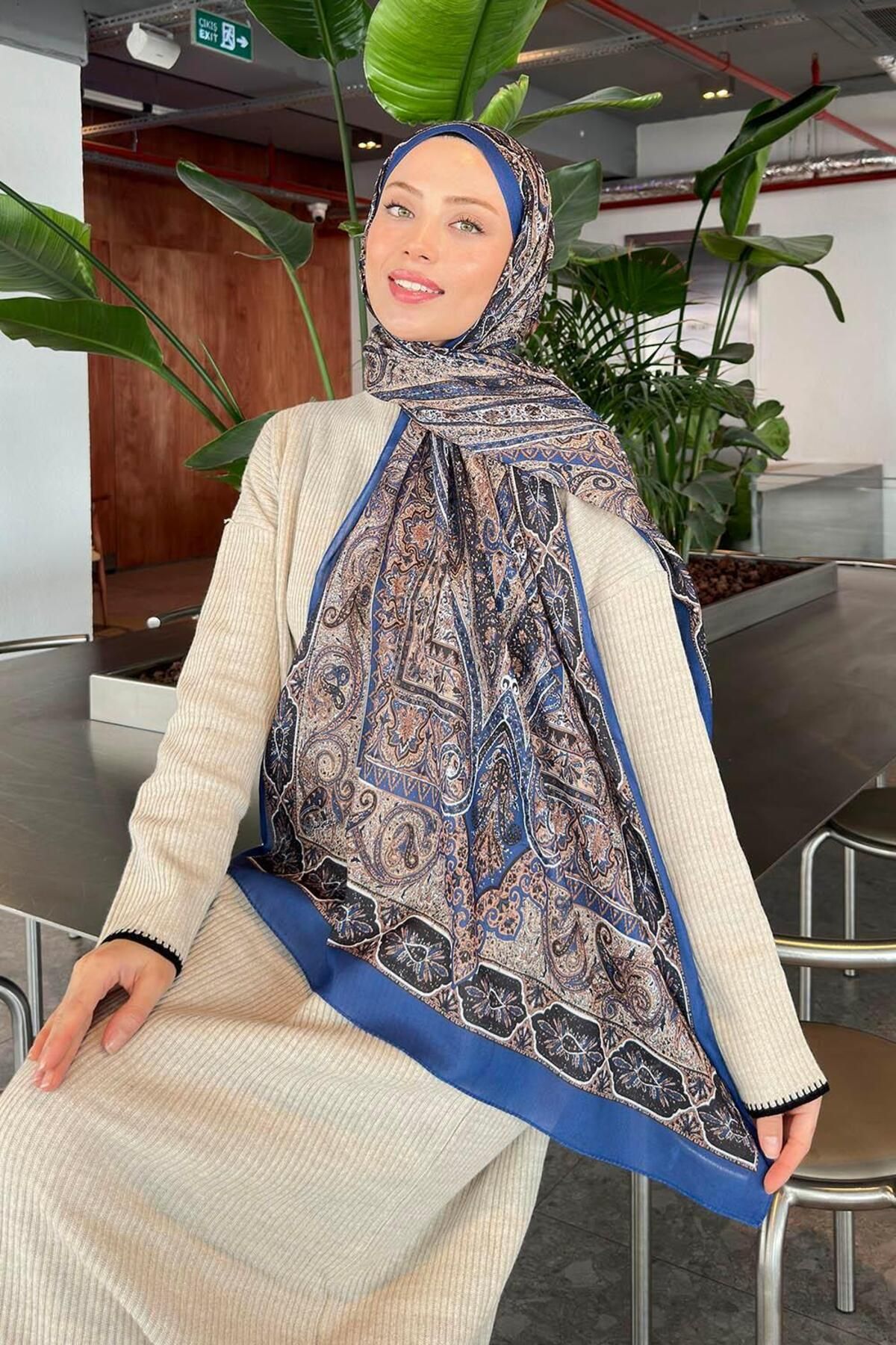 lamelif.com-Retro Pattern Cotton Shawl Indigo Beige 2