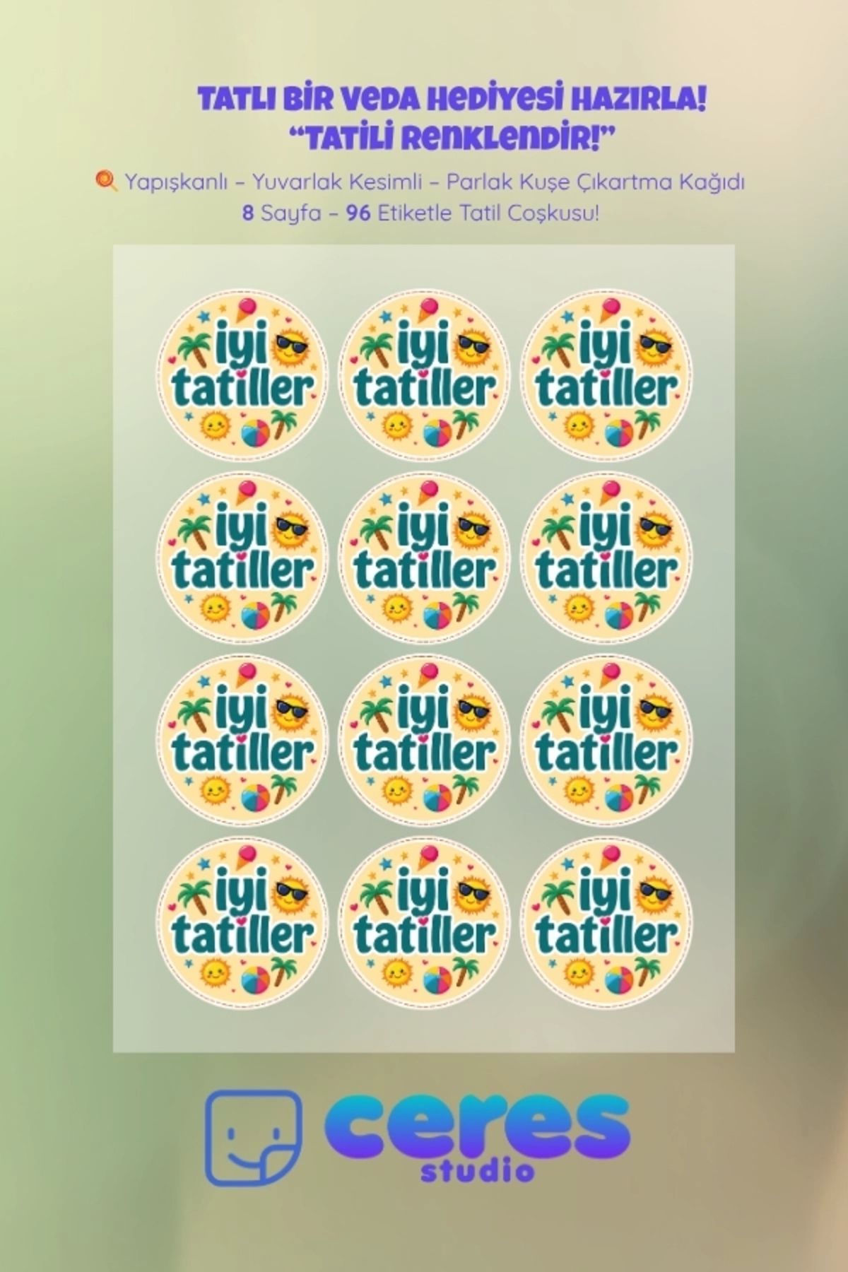 Ceres Studio İyi Tatiller Sticker Seti I7 - 96 Adet Yuvarlak Etiket | Yapışkanlı, Parlak Kuşe Çıkartma Kağıdı