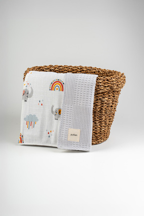 pufien 90x90 Gri Waffle Pike Ve Müslin Gökkuşağı Desenli Çift Yönlü Bebek Çok...