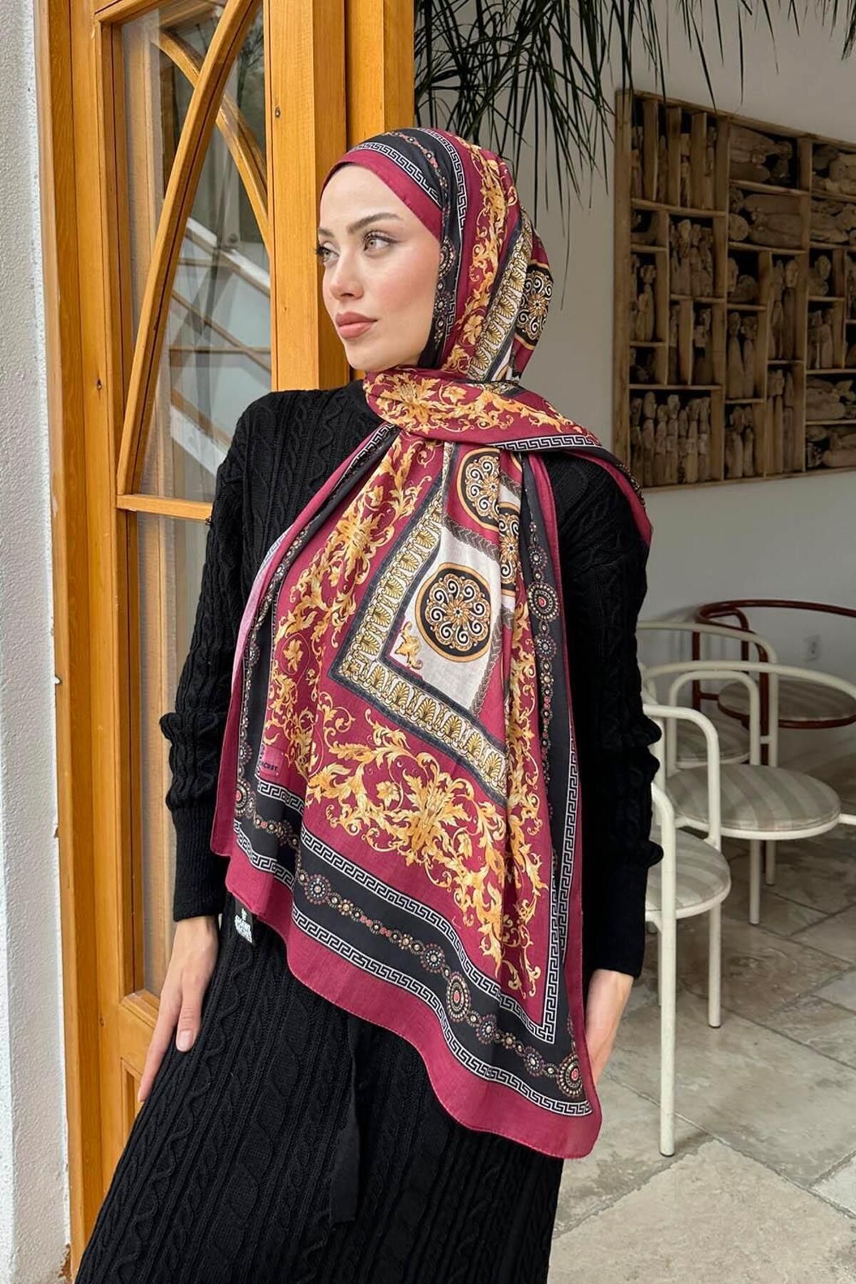 lamelif.com-Памучен шал с шарки в бордо и червено Versa 3