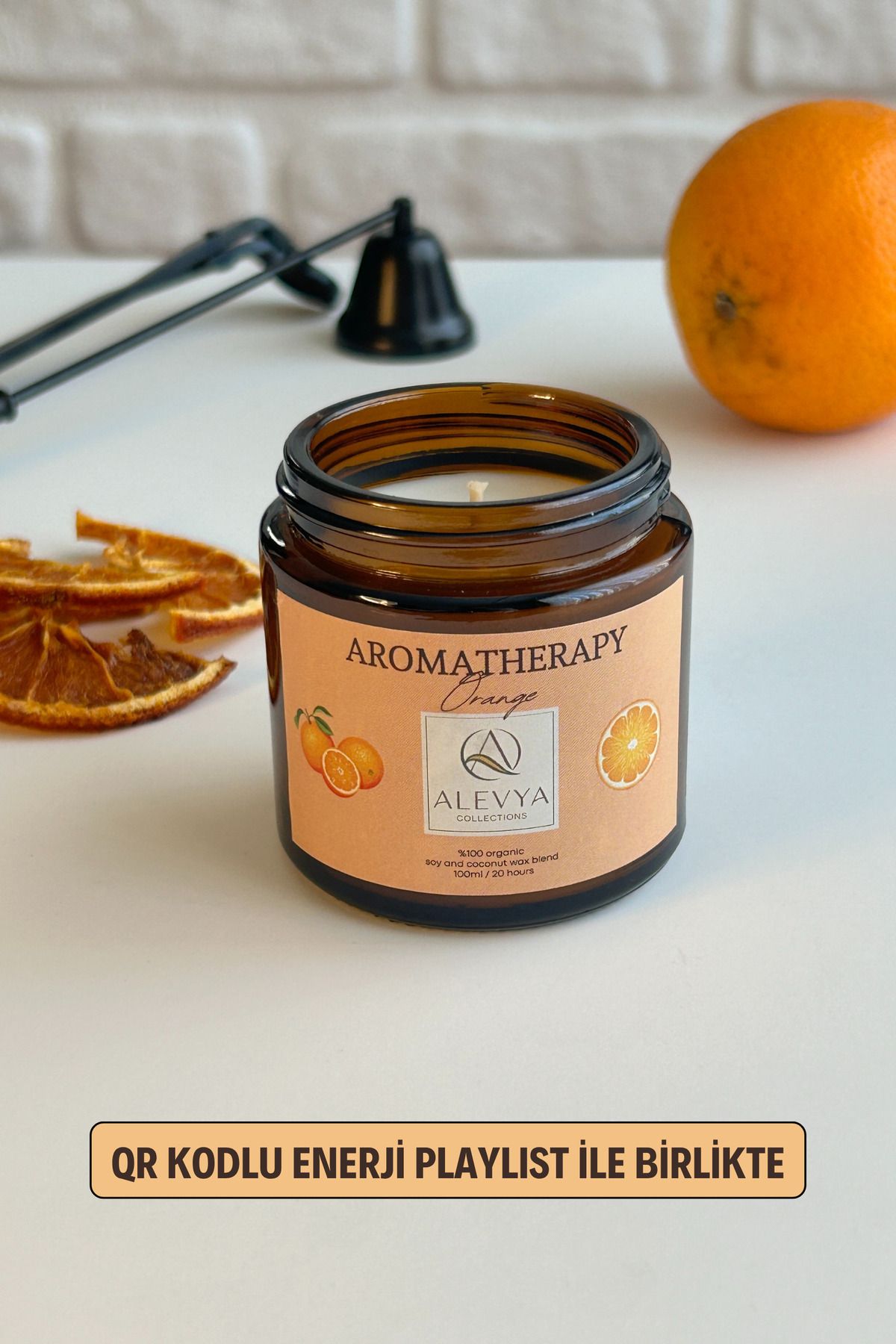Alevya Collections %100 Doğal Portakal Yağlı Aromaterapi Mumu / QR kodlu Meditasyon Playlist /Premium Soya- Coconut Wax