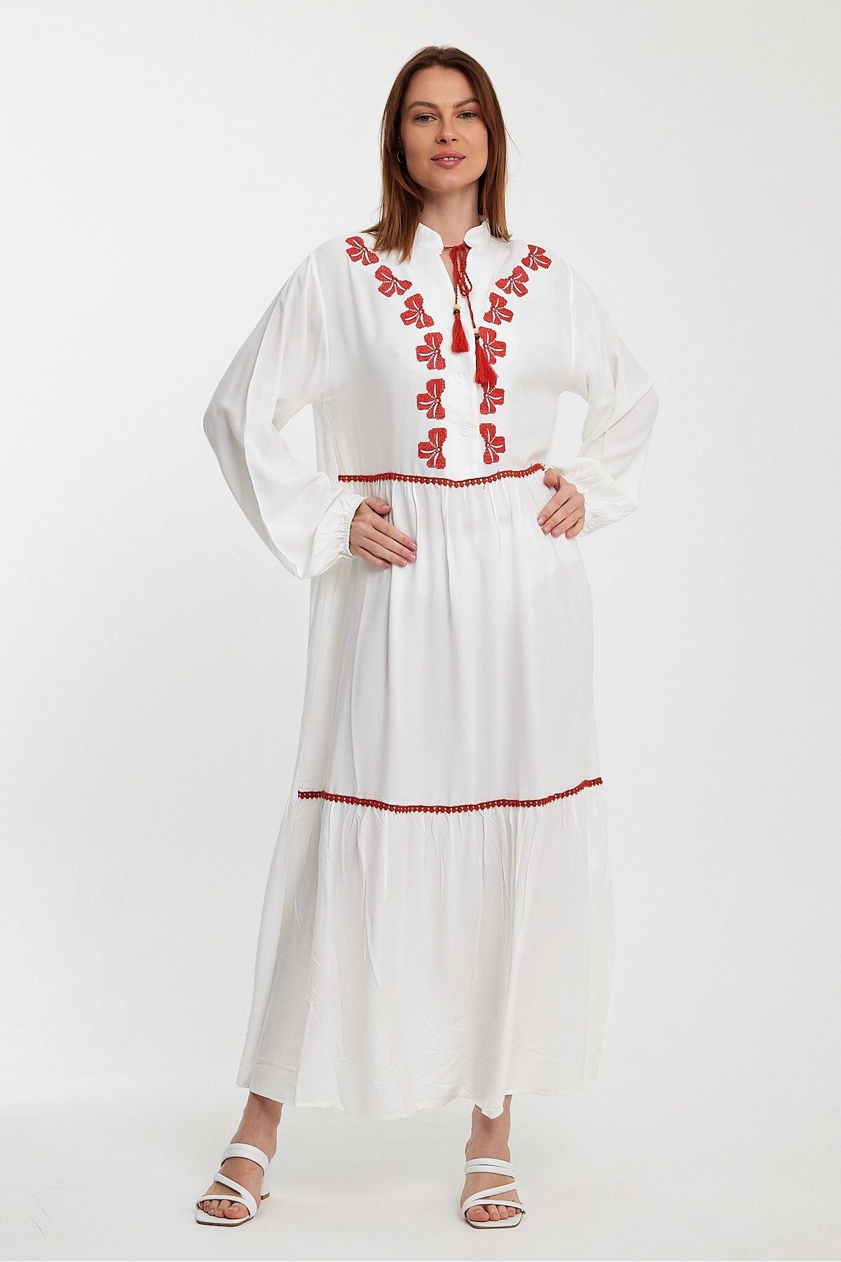 bacc-White Embroidered Long Women's Dress - Woven, Bcvl-241005 4