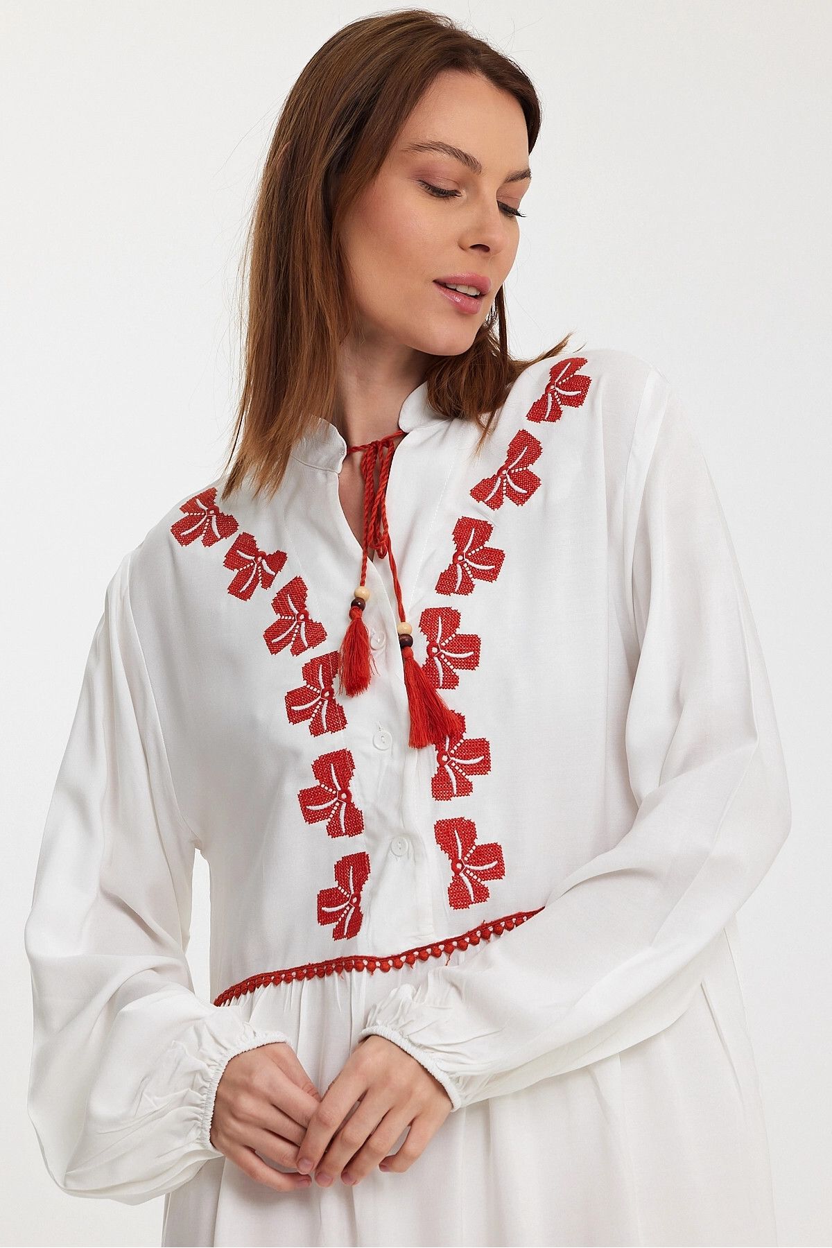 bacc-White Embroidered Long Women's Dress - Woven, Bcvl-241005 8