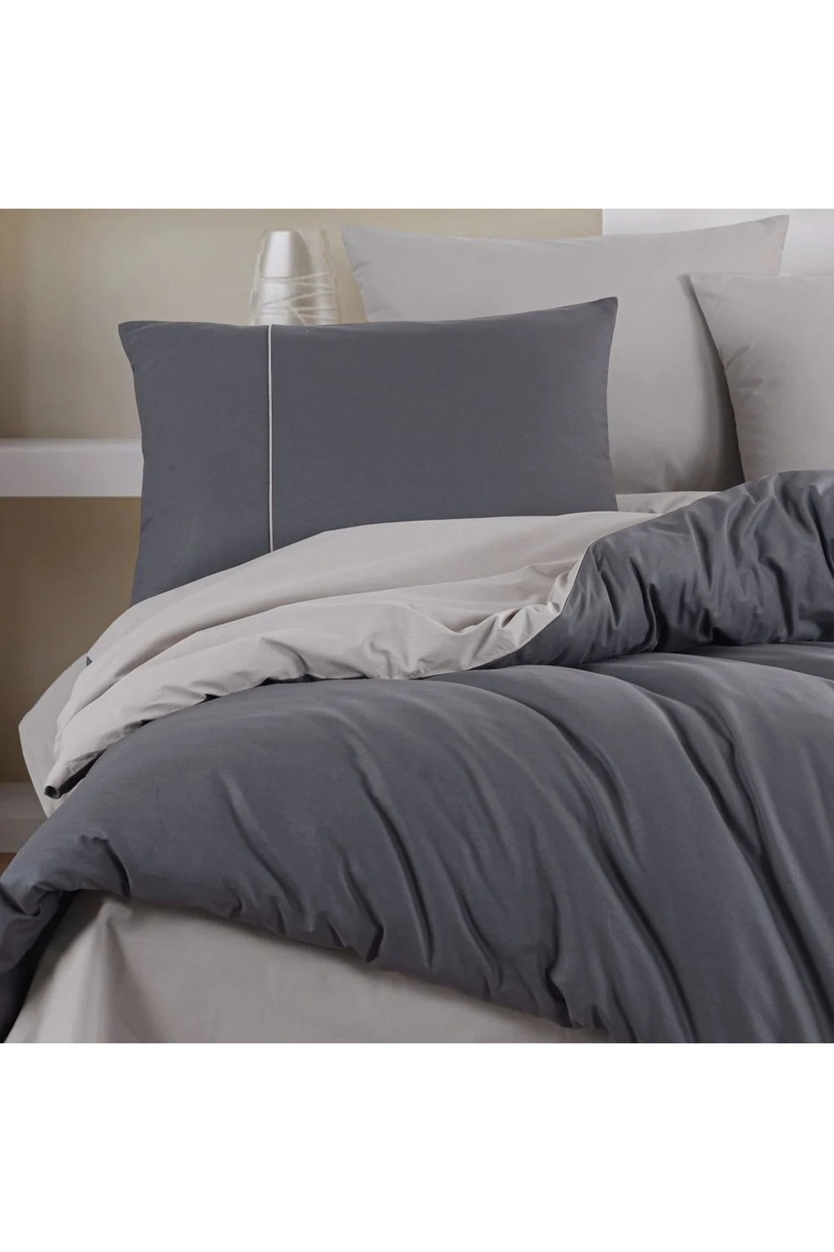 Hobby-Double Hobby Di̇amont Anthracite -Beige Poplin Bedding Set 2