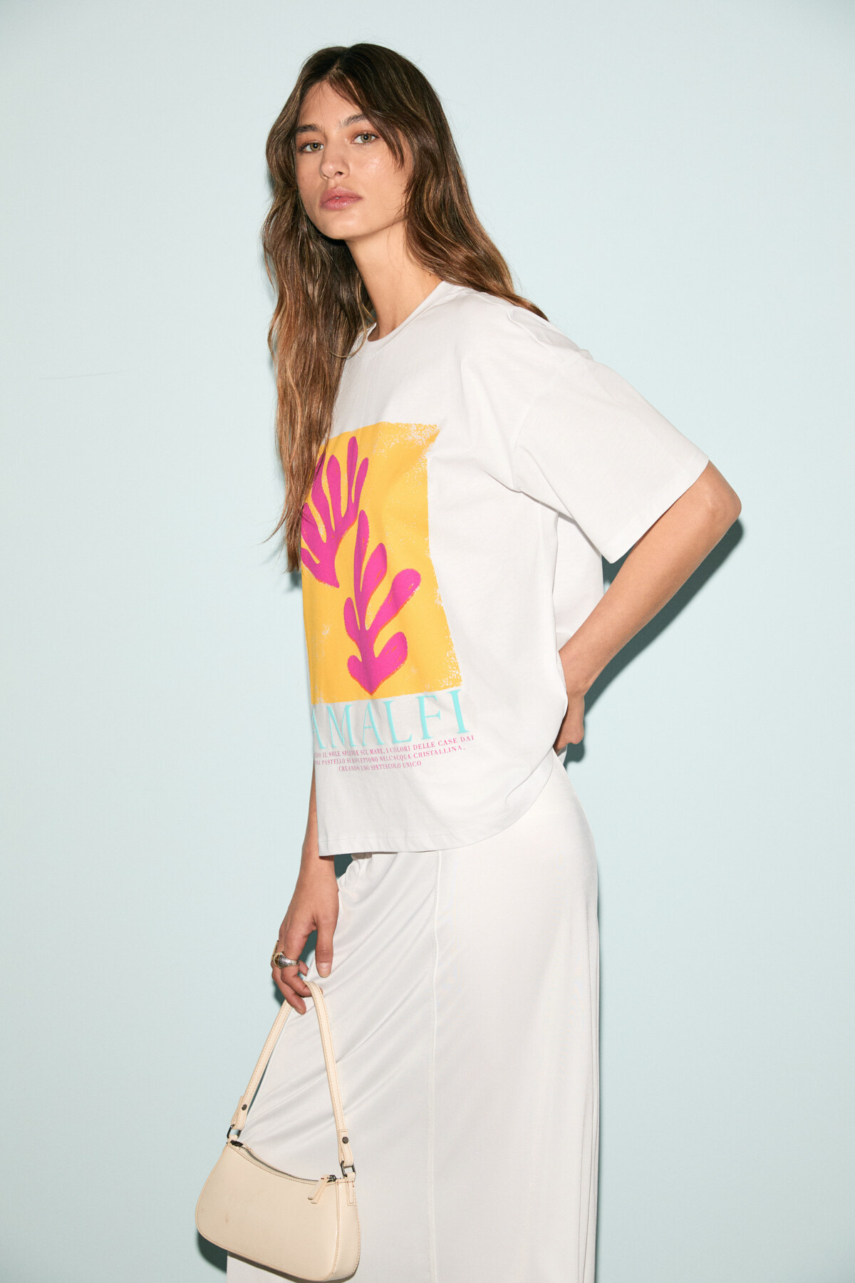 GRIMELANGE  VEYMIRA Kadın %100 Pamuk Bisiklet Yaka Kısa Kollu Oversize Fit Beyaz / Desenli T-Shirt - Görsel 4