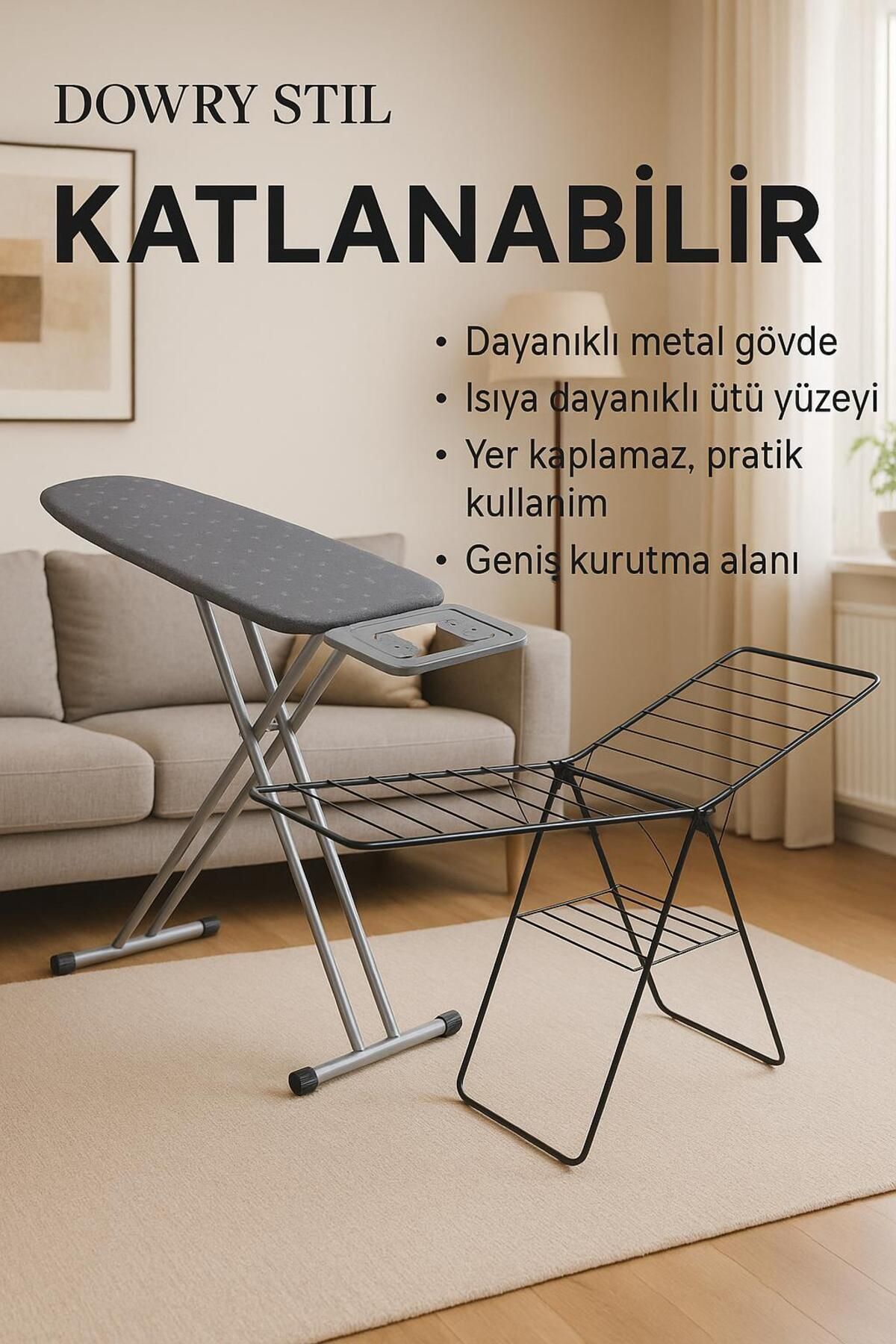 DOWRY STİL Lavanta Ütü Masası Kalın Borulu Kurutmalık Seti-rozen