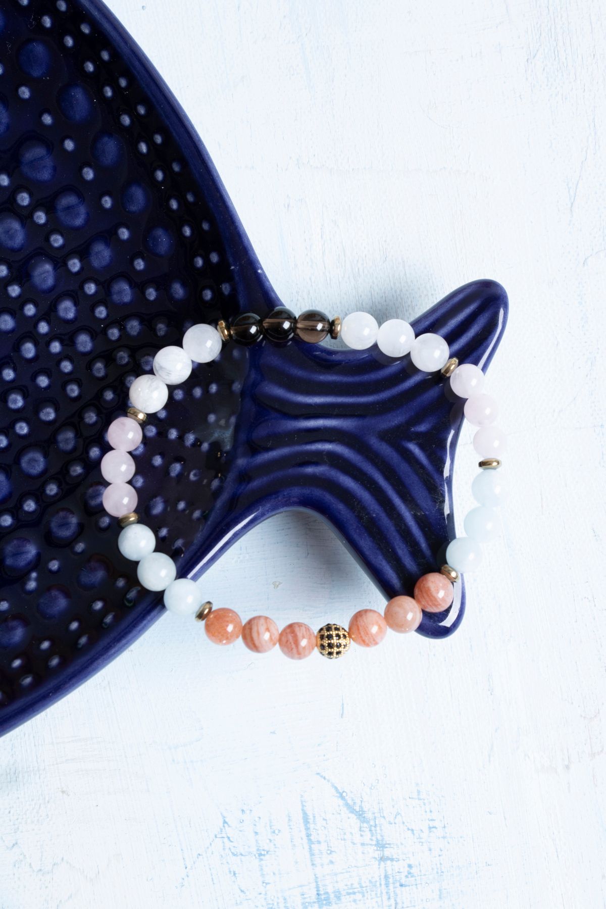 Deniz Doğal Taş-Certified Sunstone Hematite Aquamarine Pink Quartz Moonstone Libra Sign Bracelet 5