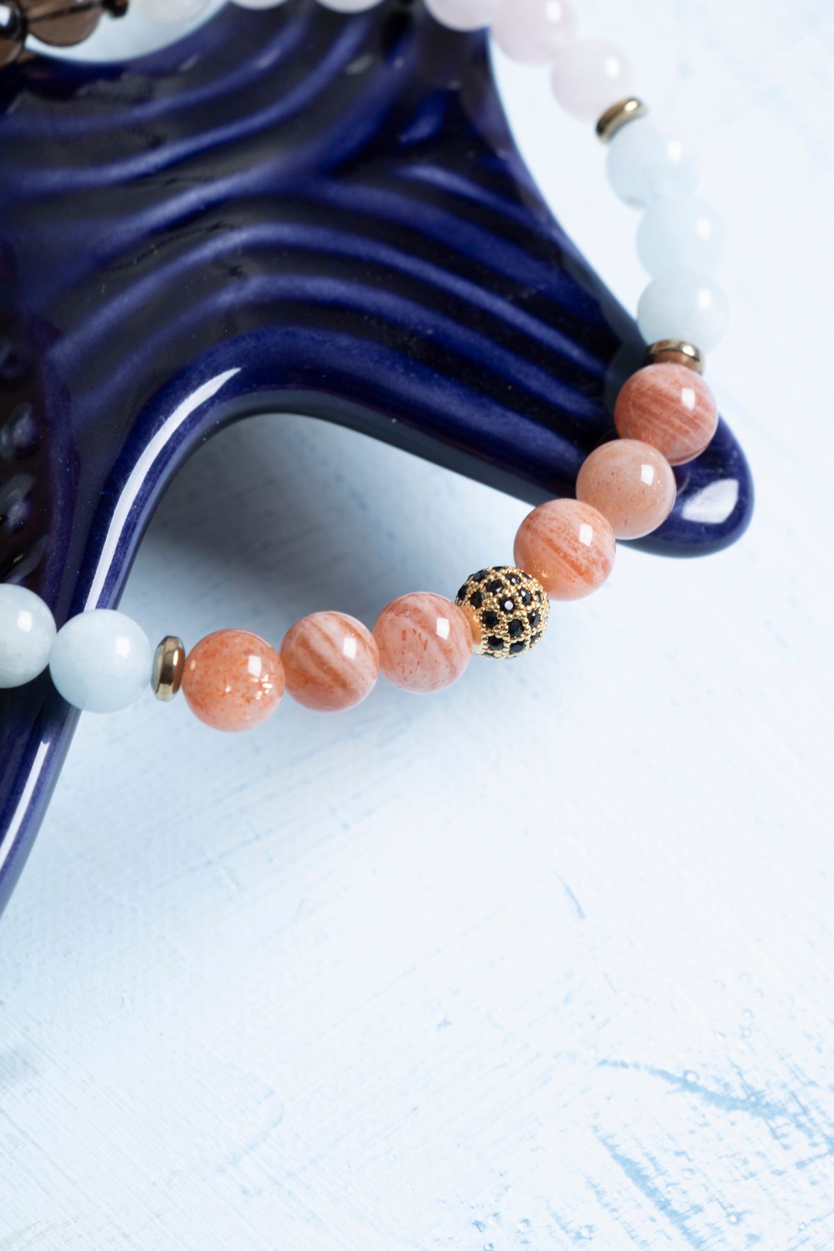 Deniz Doğal Taş-Certified Sunstone Hematite Aquamarine Pink Quartz Moonstone Libra Sign Bracelet 4
