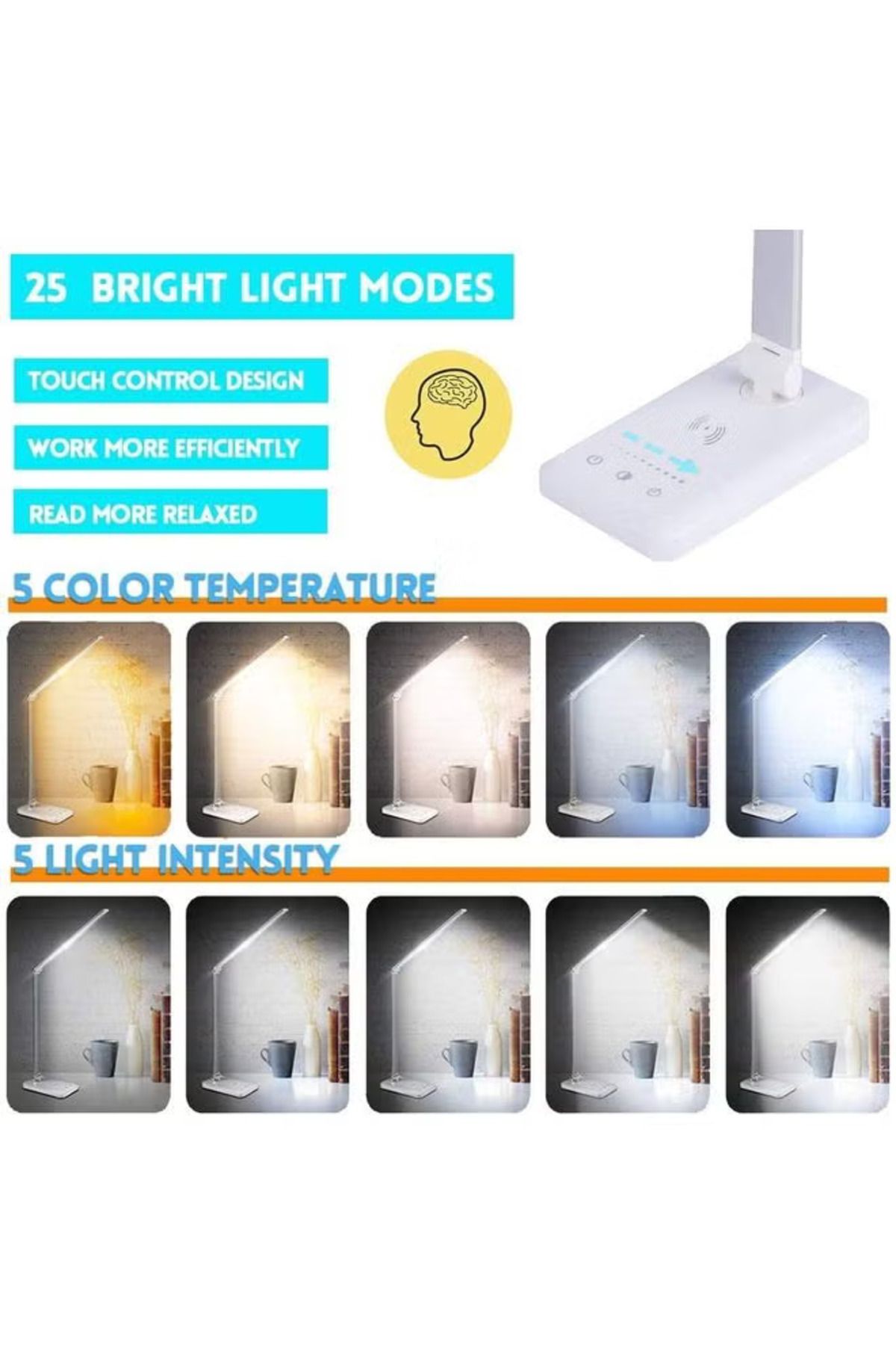 COOYA-Foldable LED desk lamp,52 lamp beads,USB interface,wireless fast charging,5-speed adjustment,white 2