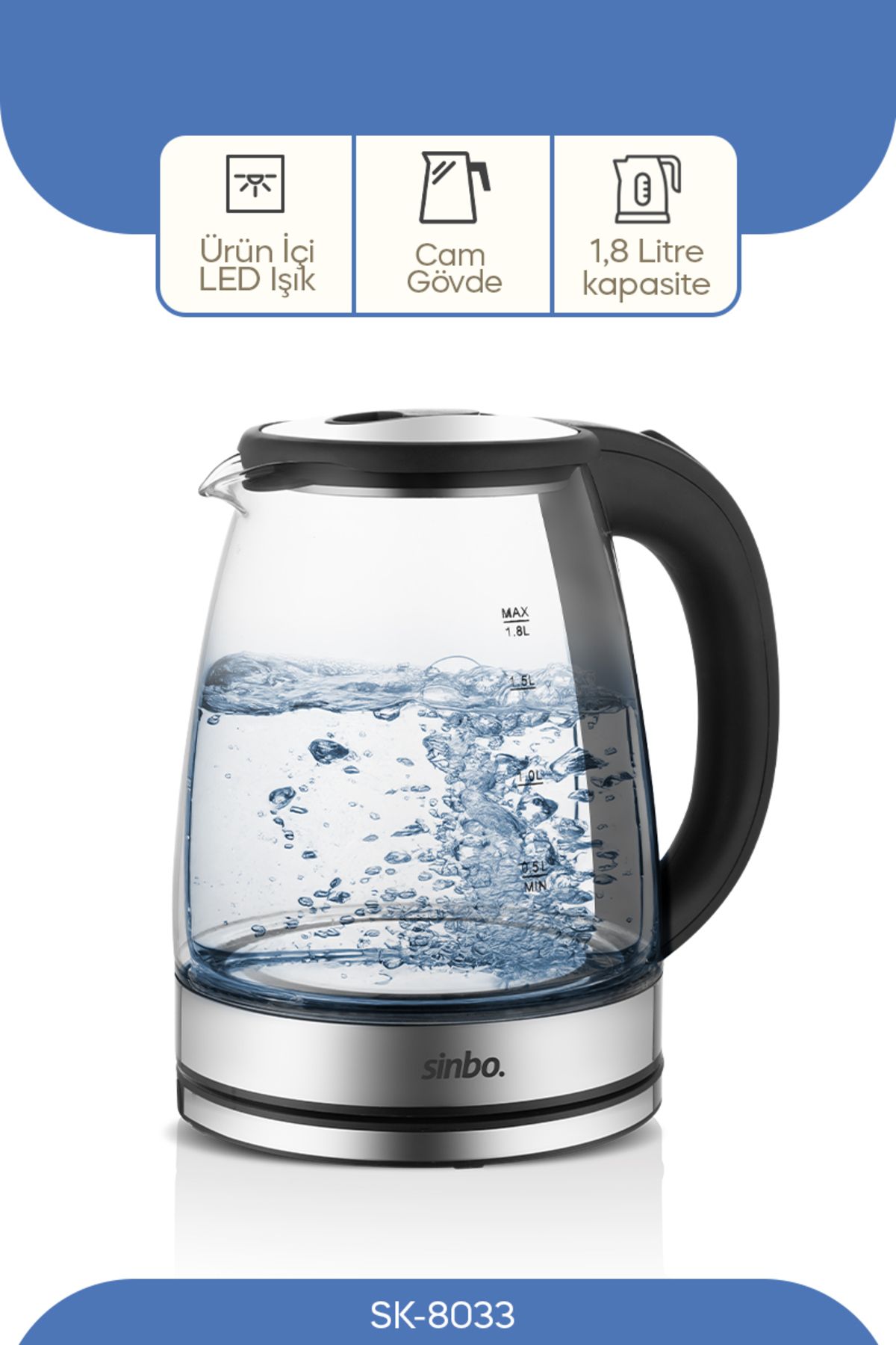 Sinbo Sk-8033 Kablosuz Cam Su Isıtıcı Kettle 1,8l
