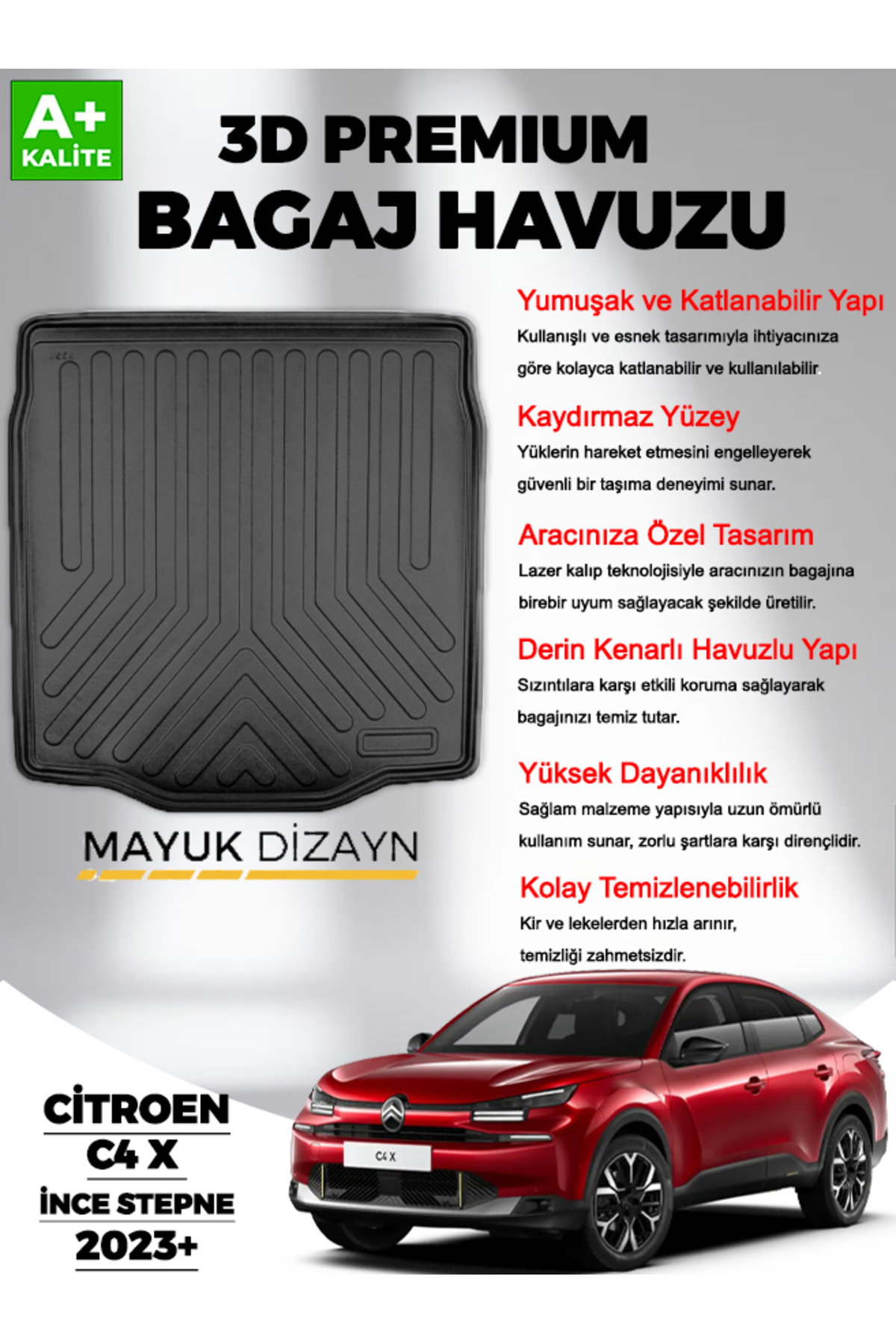 Mayuk Dizayn Citröen C4 X İnce Stepneli 2023 Sonrası MYK 3D Premium Yumuşak Bagaj Havuzu