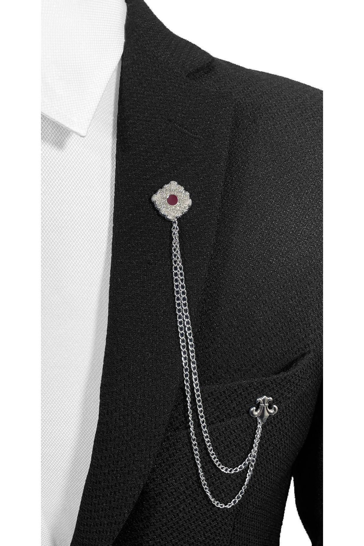  زنجیر یقه کت و سنجاق یقه نقره دوزی شده با میناکاری آلو