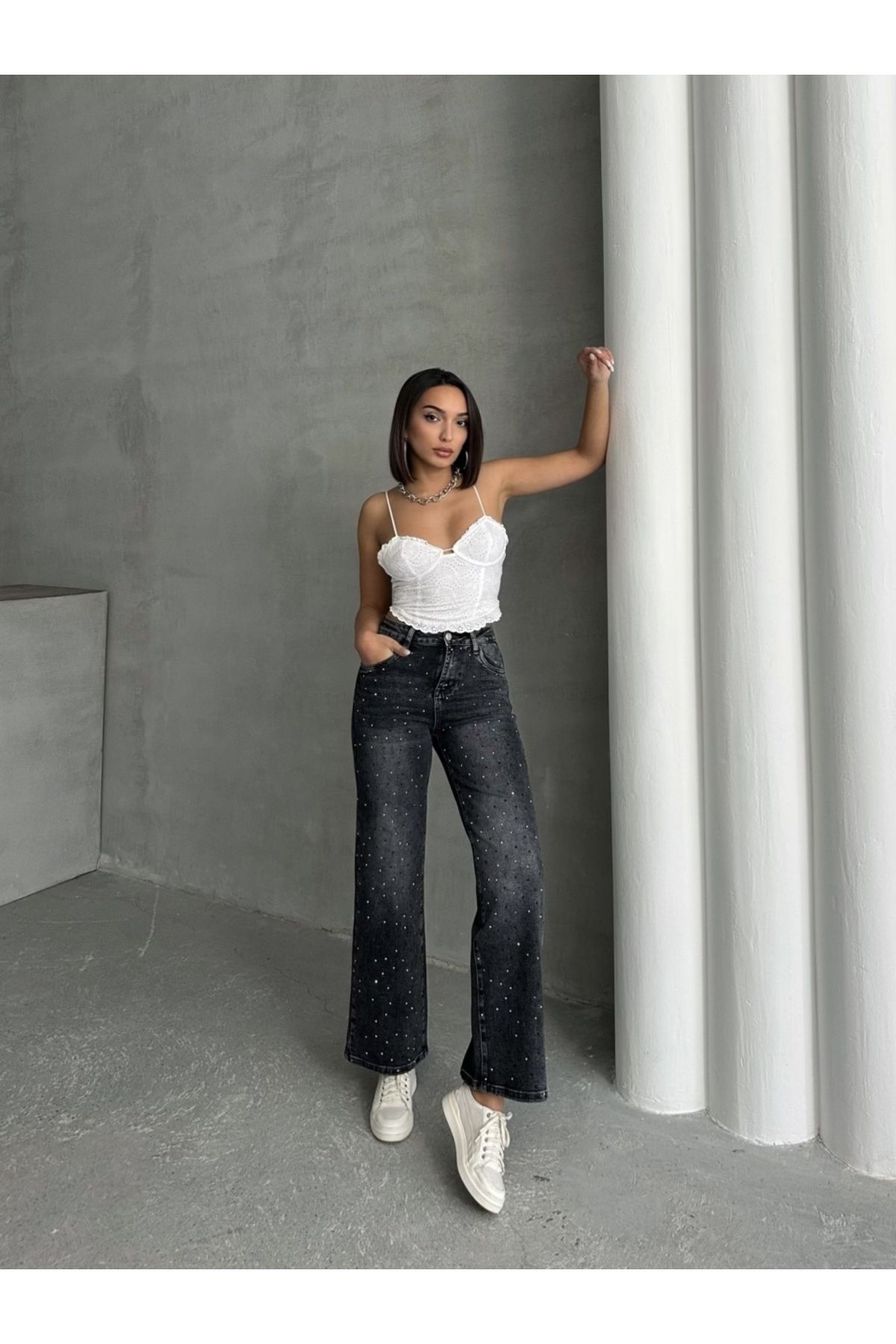 ADA MODA-Blugi drepți elastici cu strasuri, XL 6