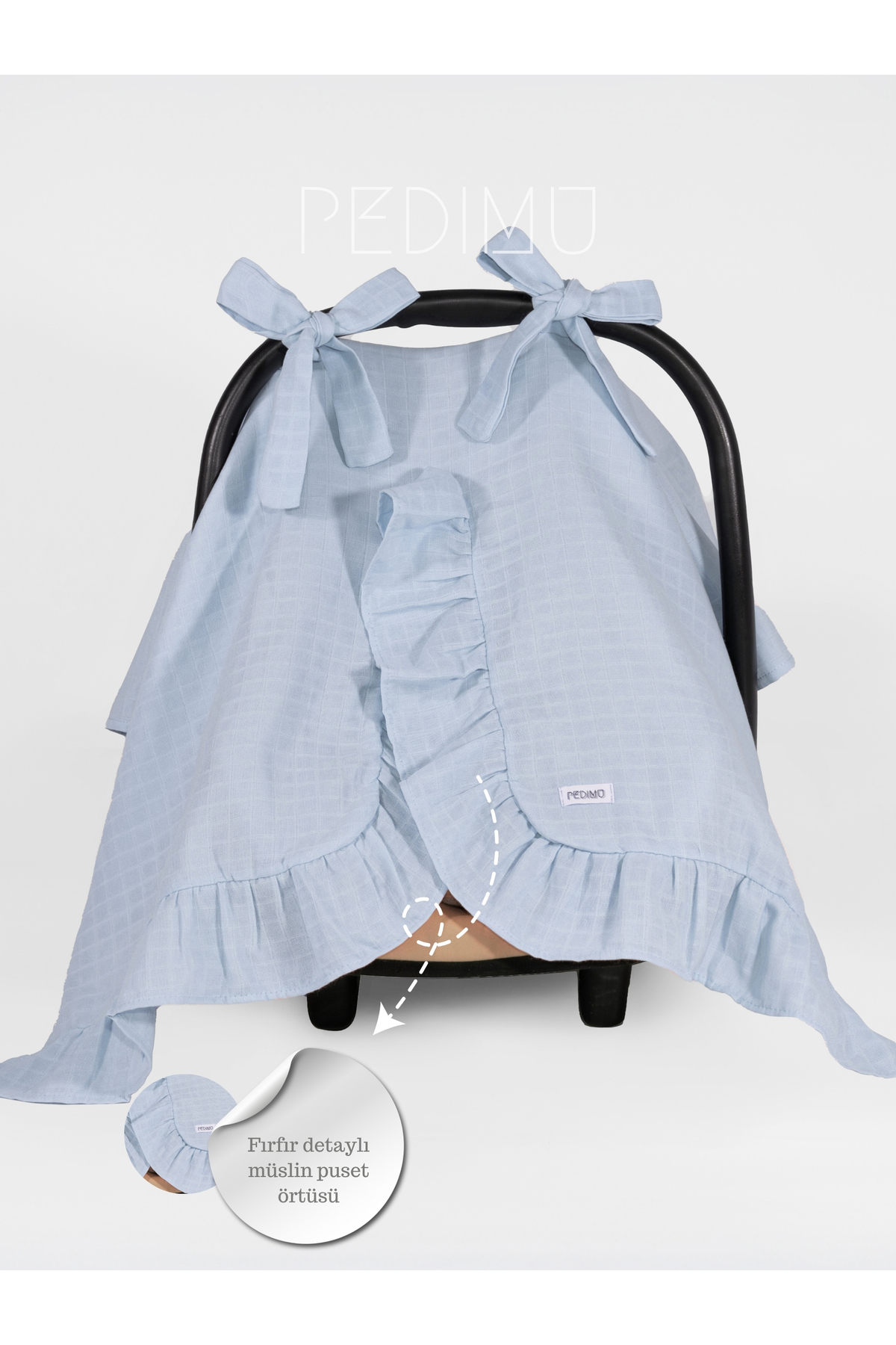 Pedimu Müslin Mavi Renk Fırfır Detaylı Puset Örtüsü fotoğrafı 3 (önizleme)