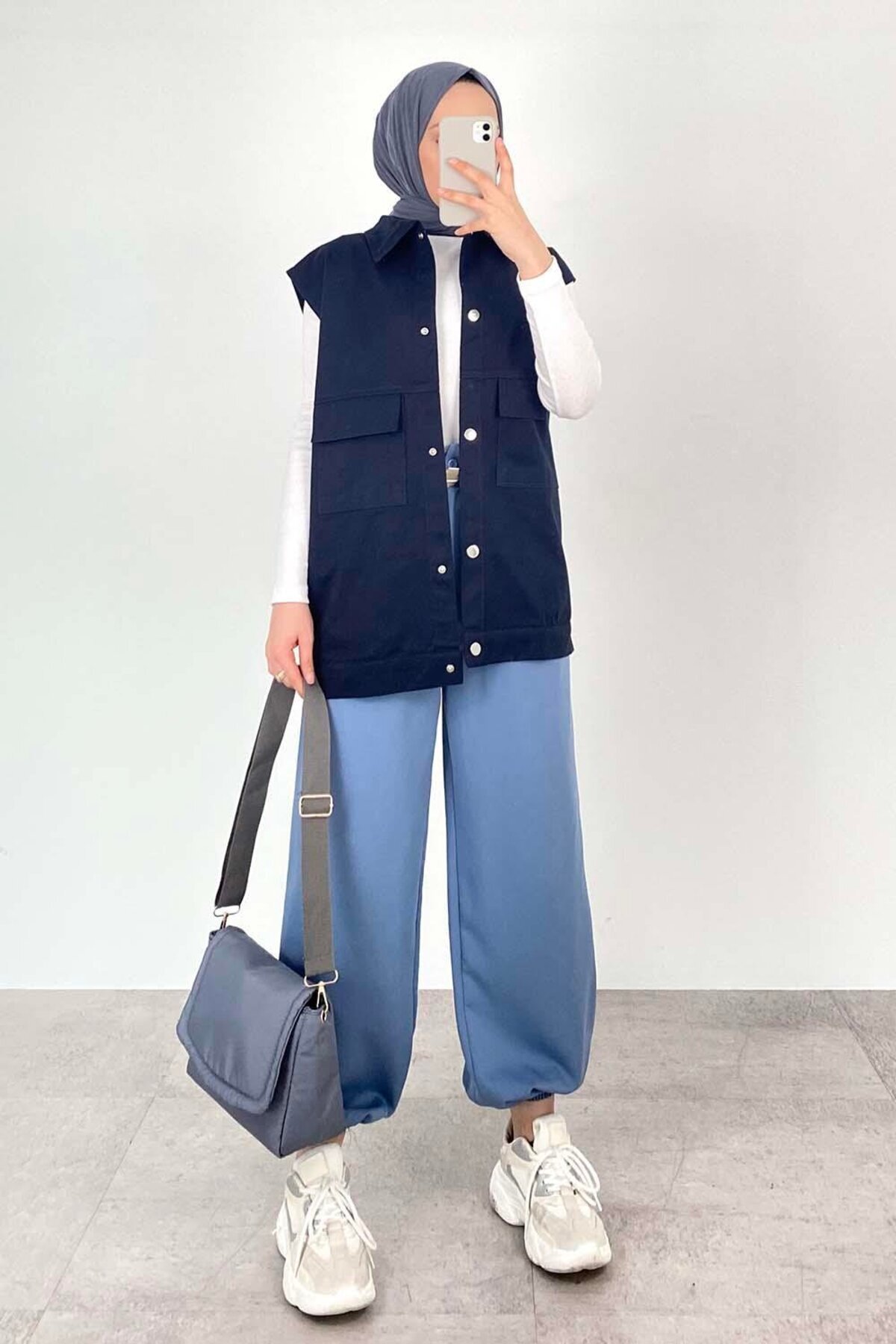 lamelif-Front Snap Button Vest Navy Blue 1