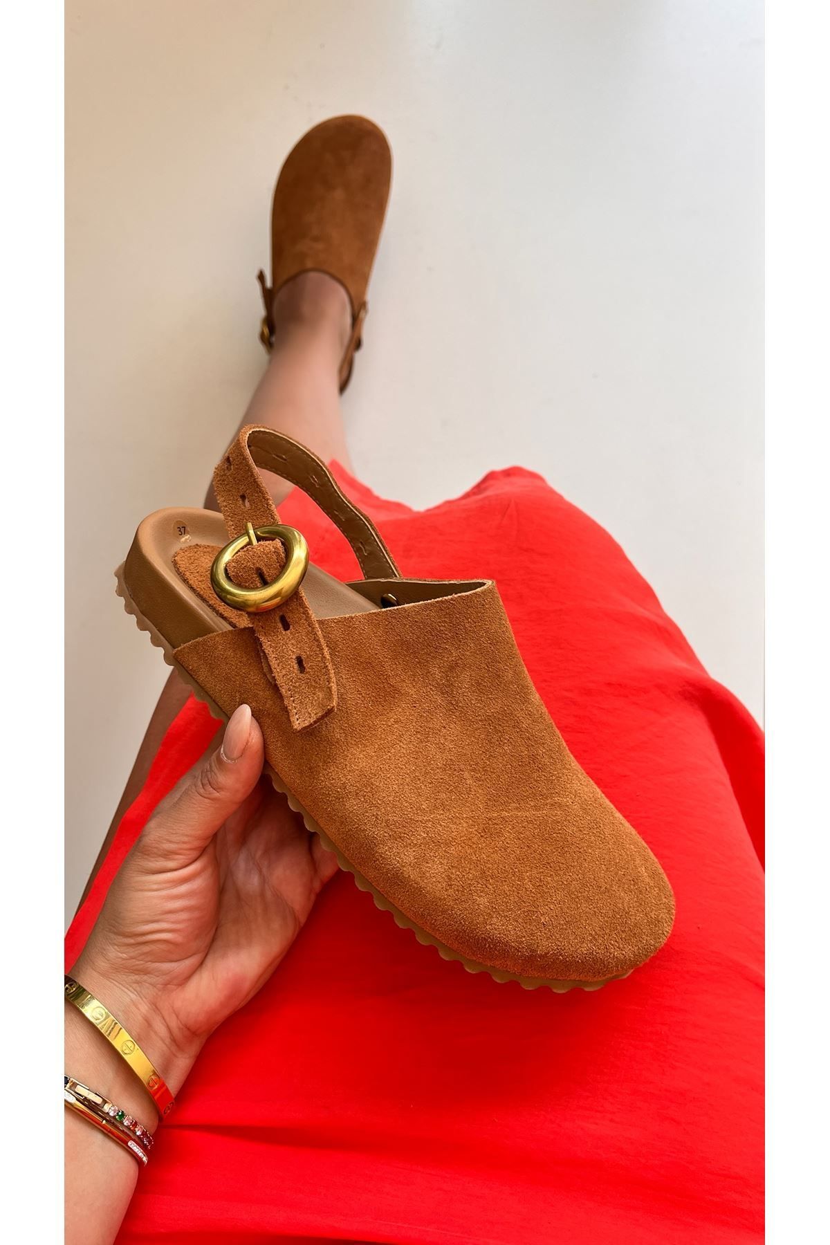 Saracshoes Gerçek Deri Taba Süet Kadın Sandalet Raisse