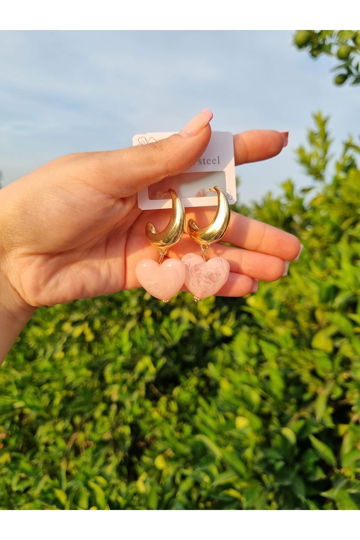 LİLİA-Steel Pink Pendant Heart Earrings 3