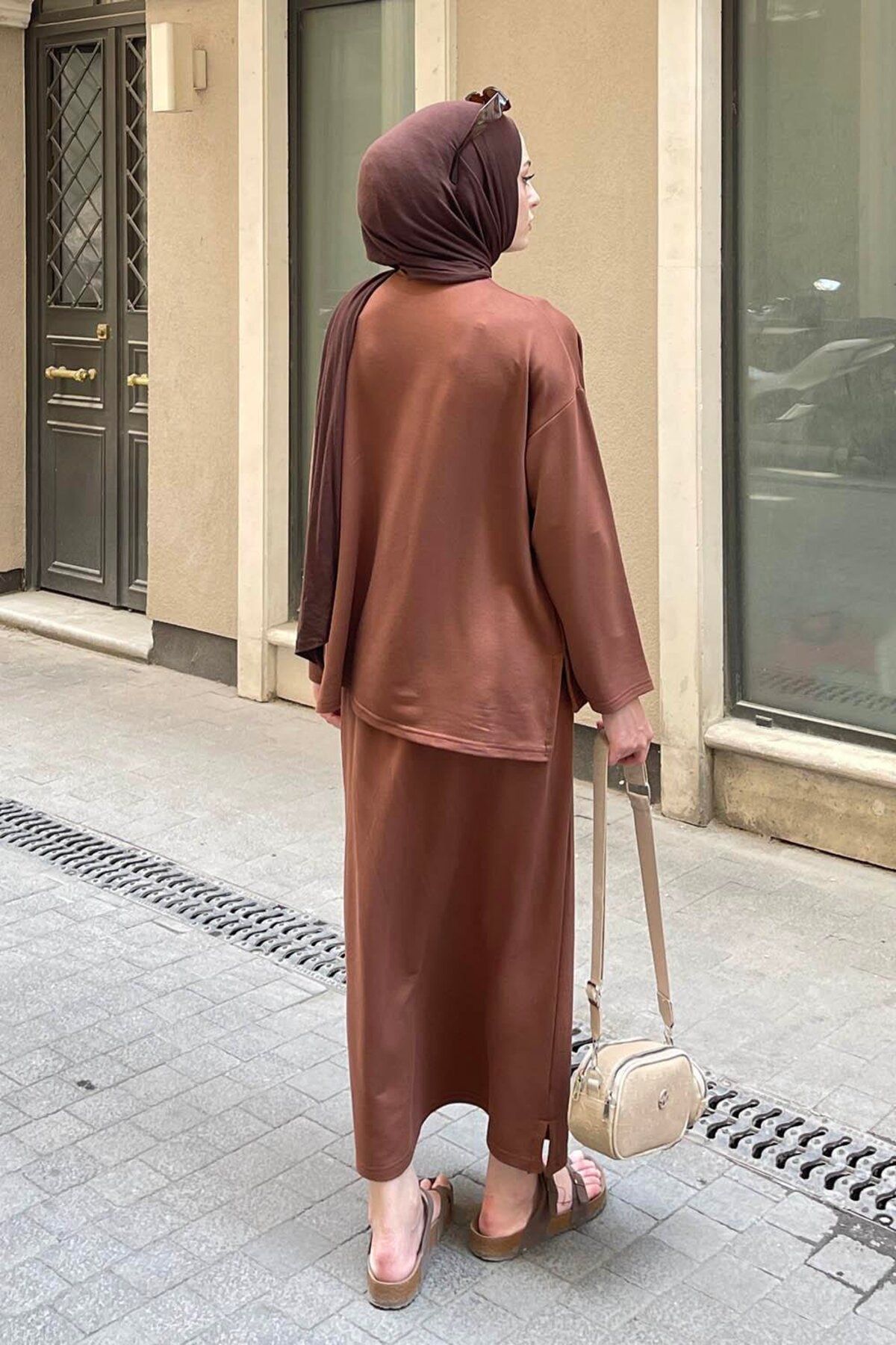 ست بالاپایین پوشیده چند رنگ زنانه کپی دامن کریستال قهوه تلخ lamelif