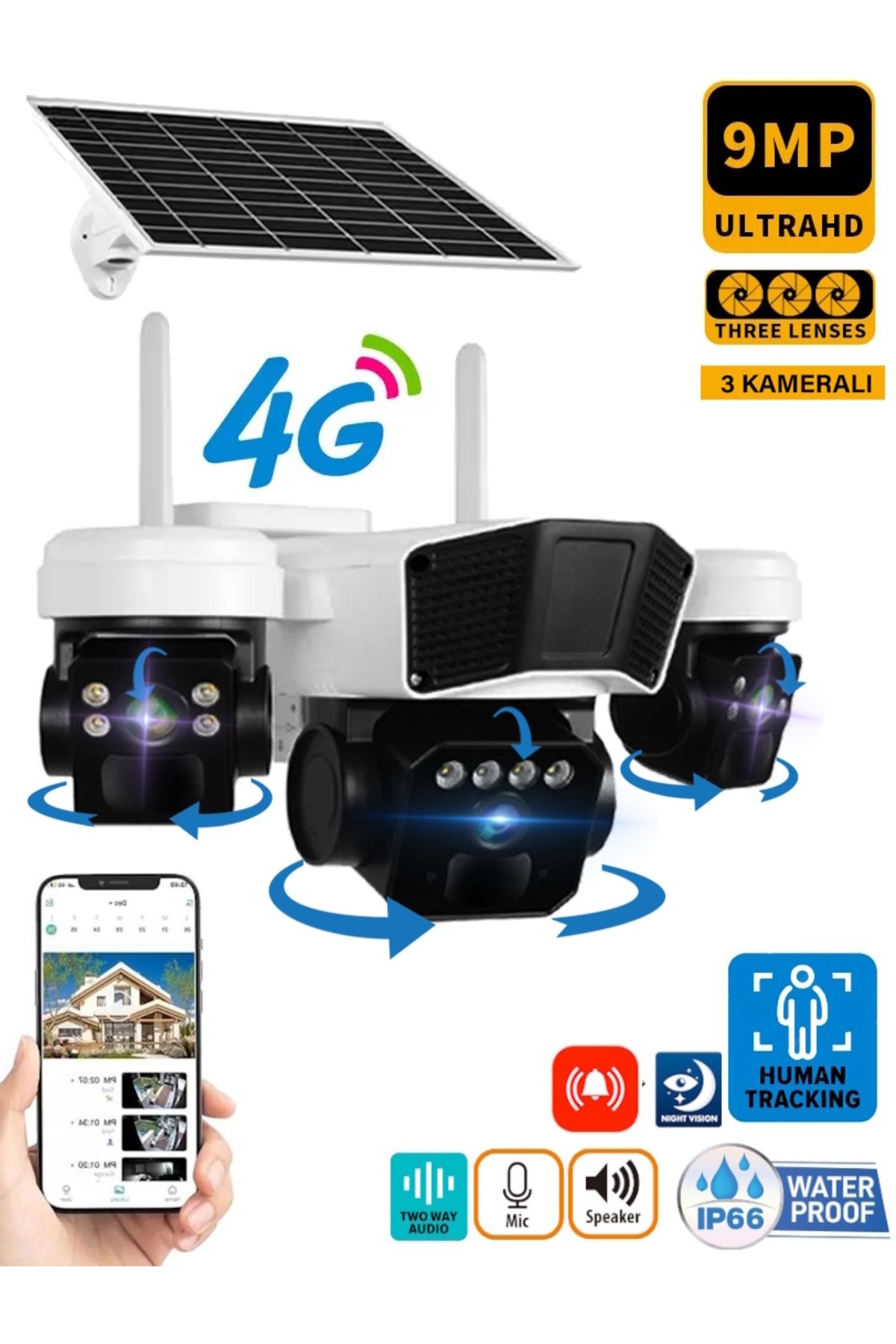 O-KAM 3936 Üç Kameralı Güneş Enerjili 4g Akıllı Kamera Sesli Görüşme Gece Görüş