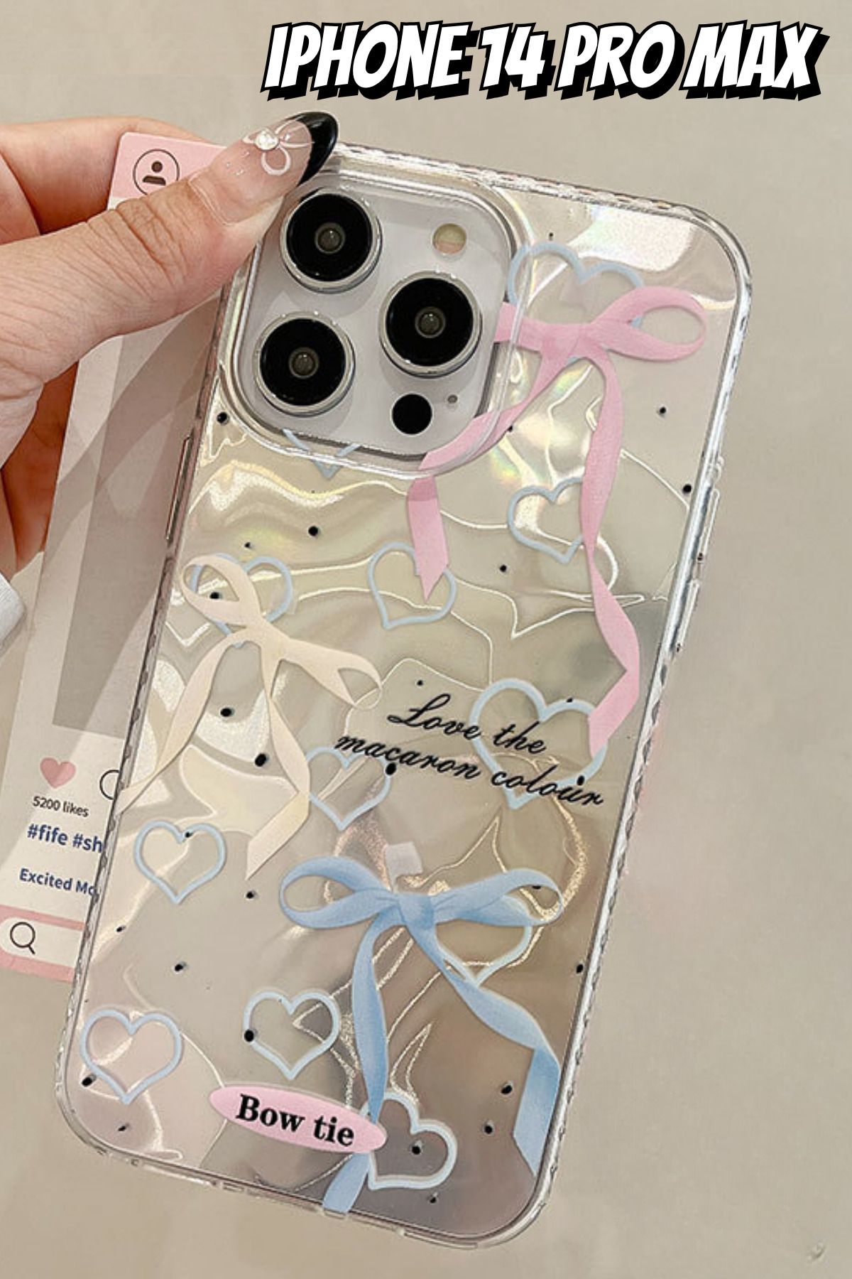 EWEC İphone 14 Pro Max Uyumlu Renkli Fiyonk Ve Kalp Temalı Hologram Ins Style Imd Premium Telefon Kılıfı