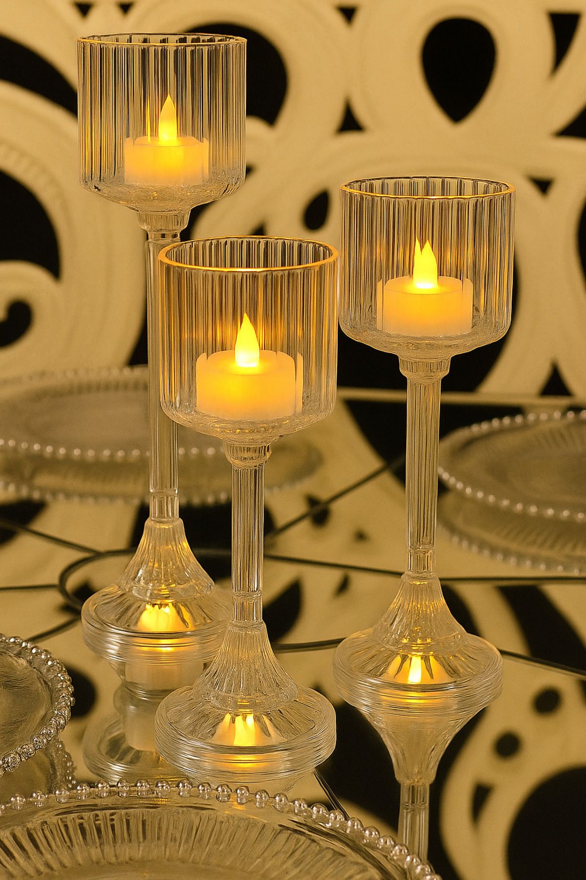 Özbey ArtDeco 3'lü Lüks Kristal Ayaklı Mumluk