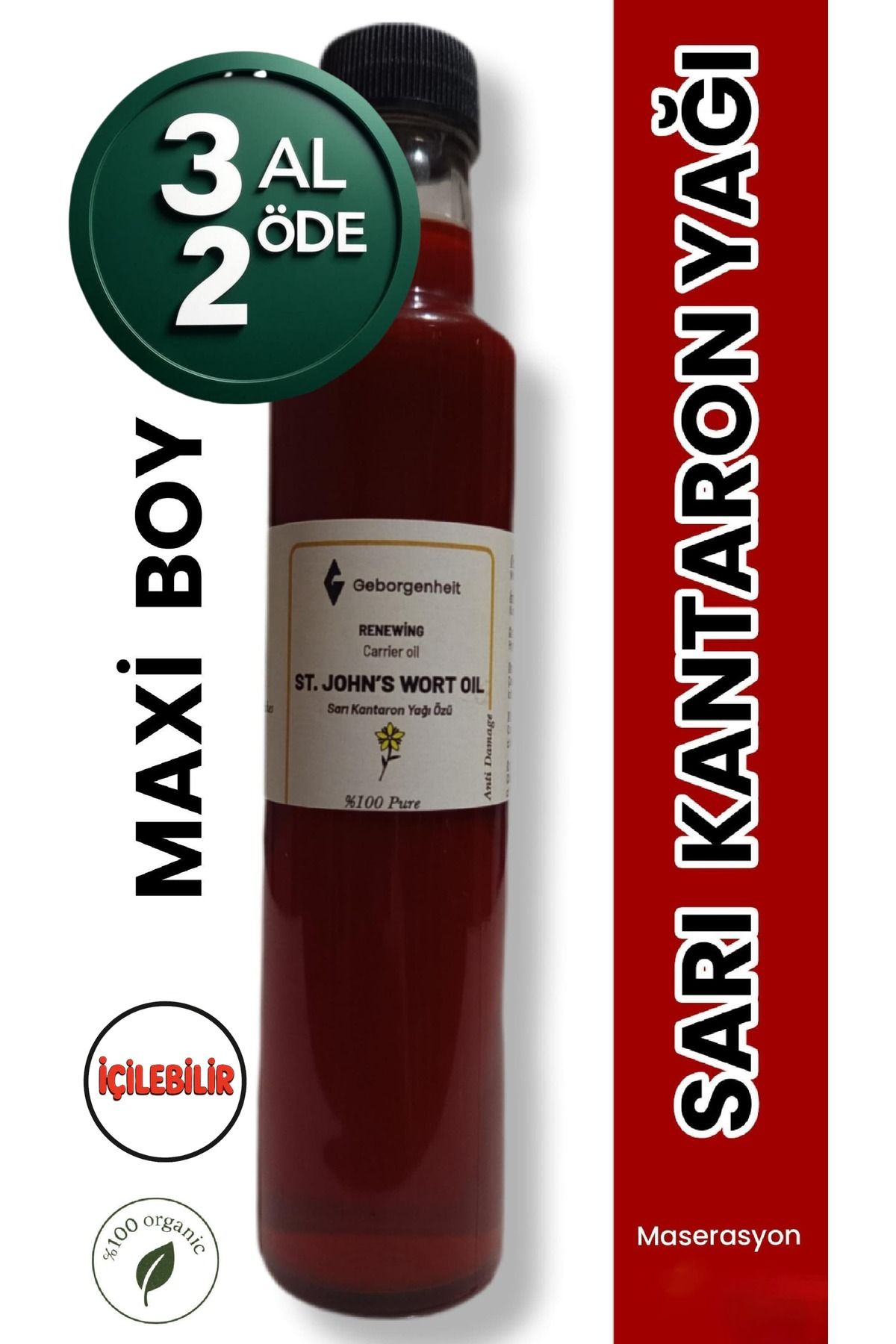 geborgenheit Sarı Kantaron Yağı Maxi Boy İÇİLEBİLİR %100 Saf Doğal Katkısız Geleneksel Yöntem İle Üretildi 250ml.