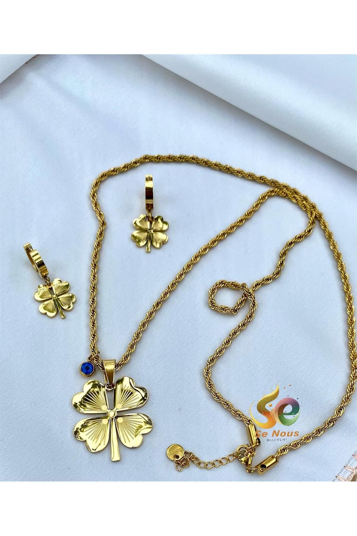 Butik Yonca Çelik Kolye Ve Küpe Gold (316L)