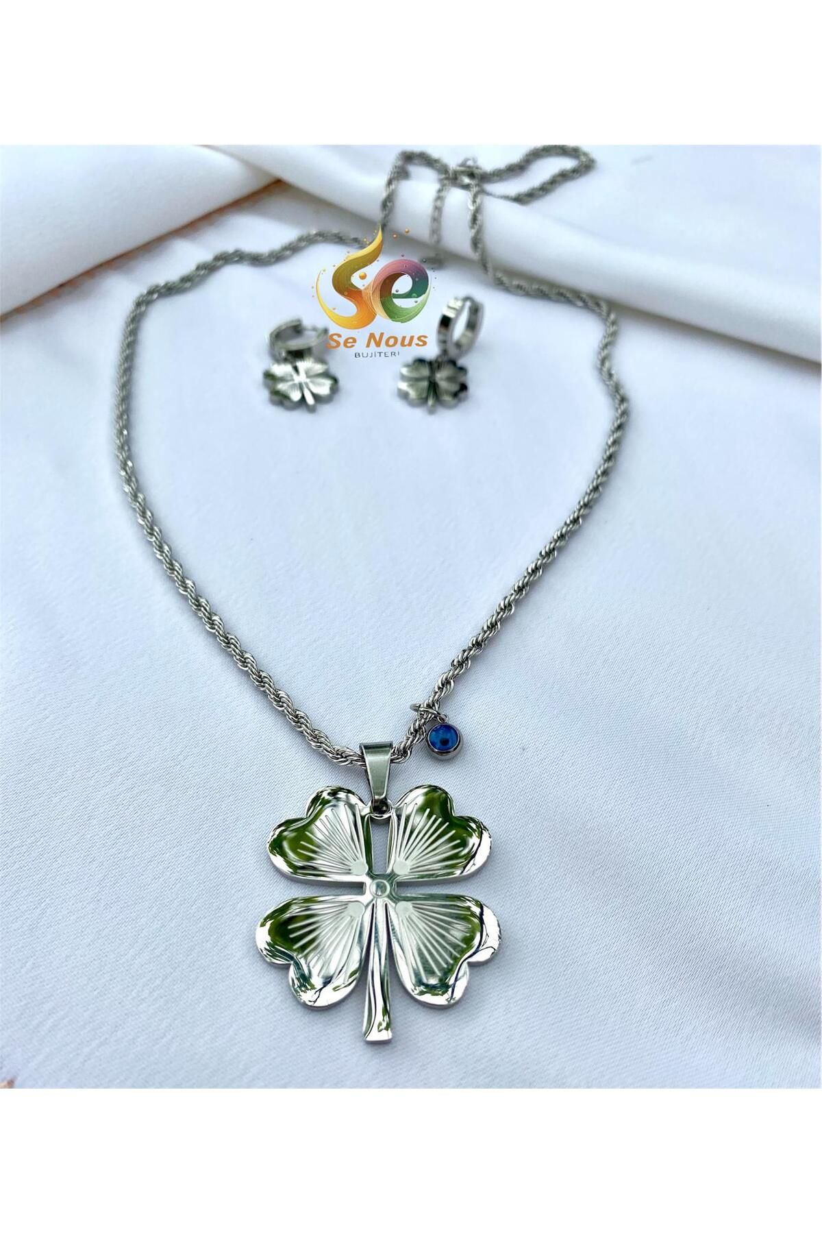 Butik Yonca Çelik Kolye Ve Küpe Gümüş(31L)