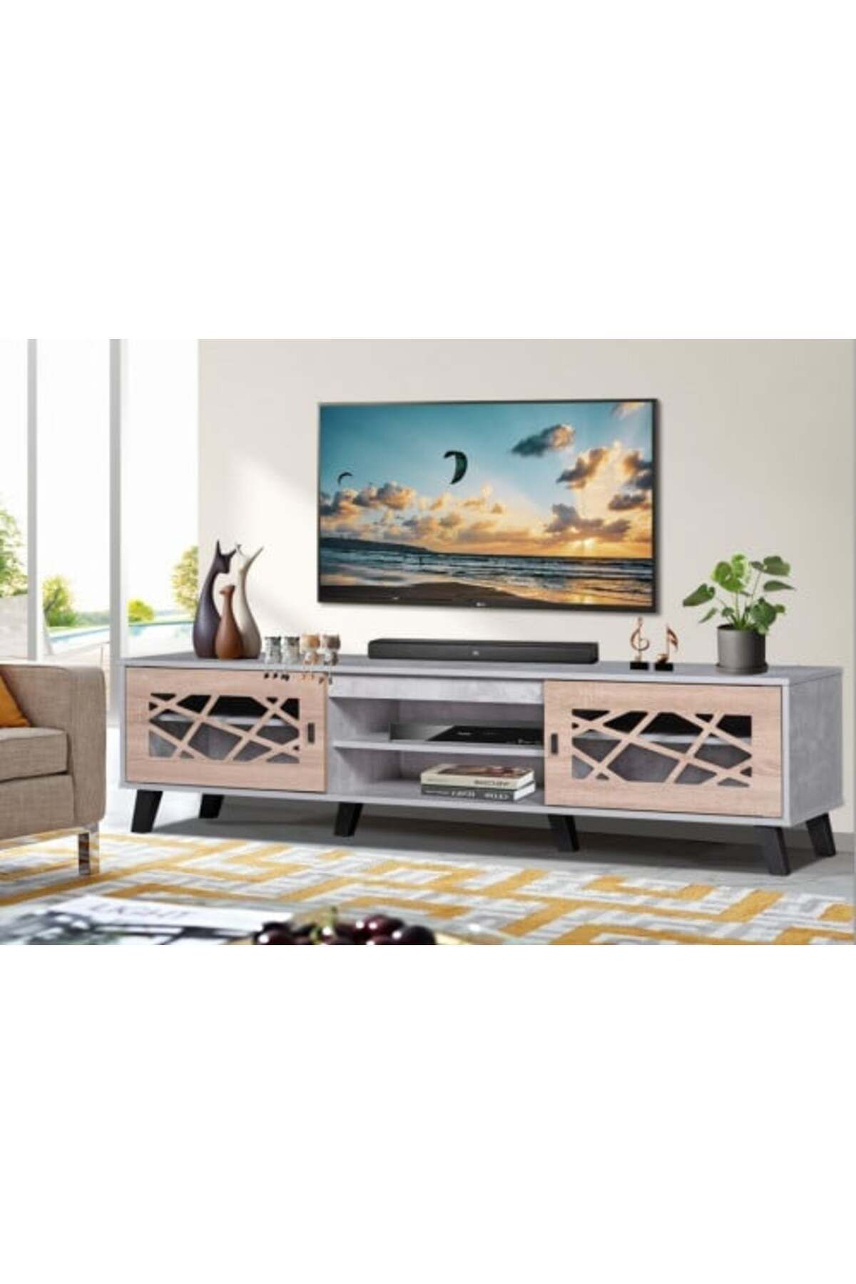 Generic-Modern Wooden TV Table 180cm with Storage Drawers - Gray and Beige 1