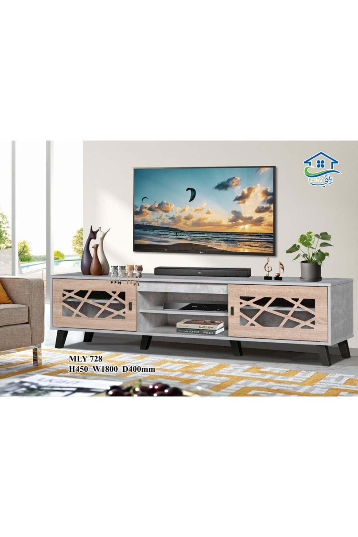 Generic-Modern Wooden TV Table 180cm with Storage Drawers - Gray and Beige 4