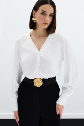 Sateen V Yaka Saten Bluz - Ekru