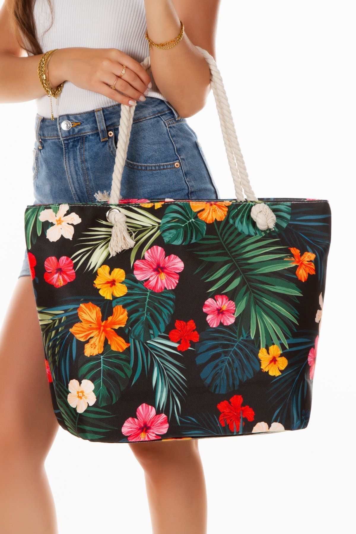 GreandBags Kadın Fermuarlı Plaj Çantası Desenli Plaj Çantası Günlük Çanta Piknik Çantası görsel 3