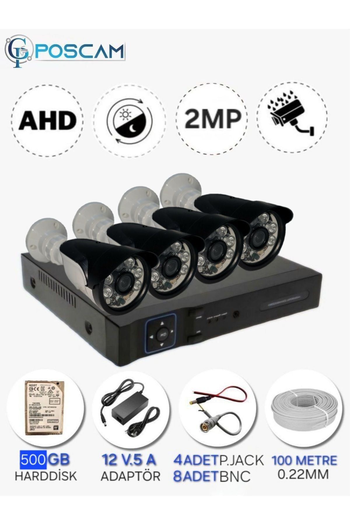 POSCAM 4 KAMERALI SET - 2MP 1080P Full HD AHD, Gece Görüşlü, IP66 Su Geçirmez,