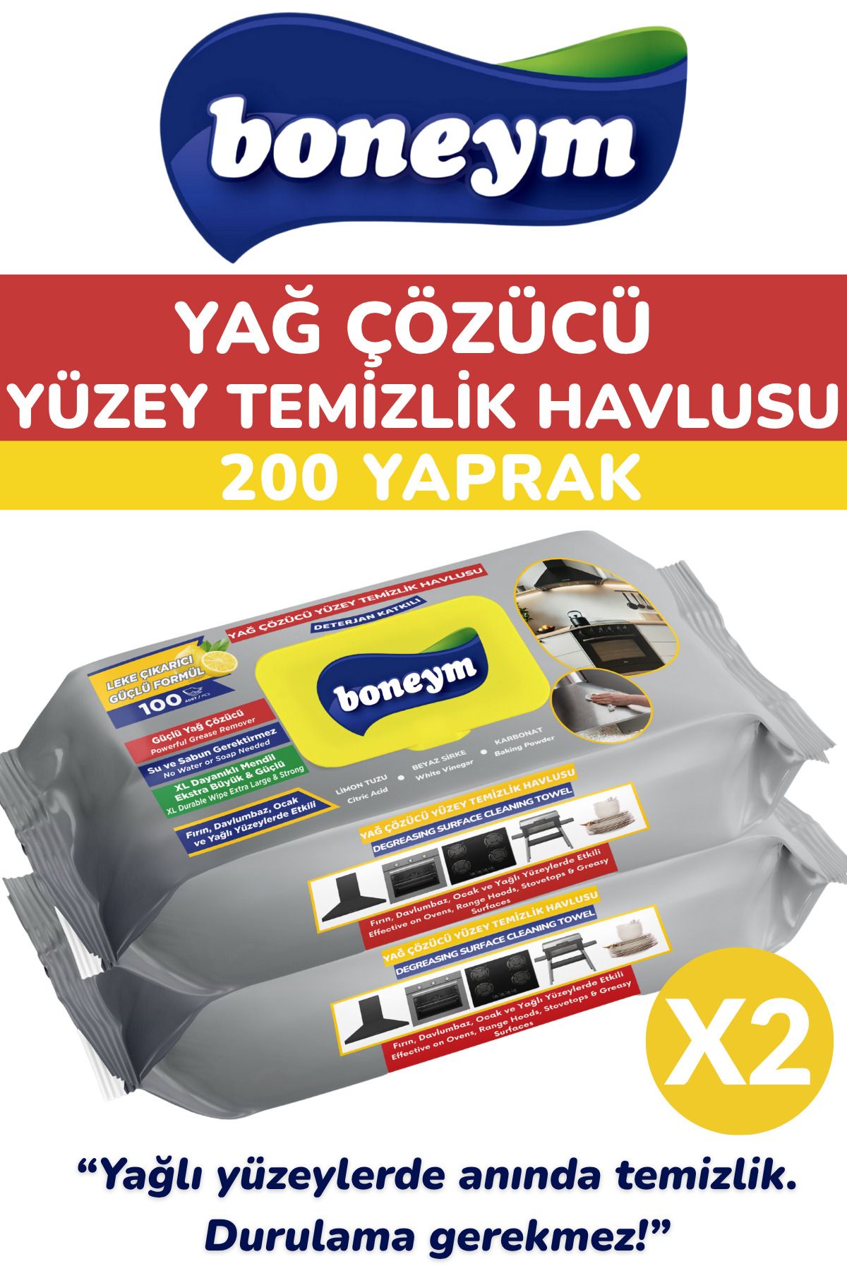 BONEYM 2’li Yağ Çözücü Yüzey Temizlik Havlusu (2X100 YAPRAK) – Limon Ferahlığı